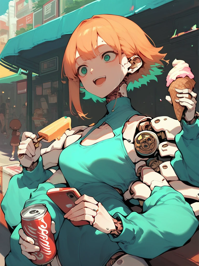 score_9,score_8_up,score_7_up,source_anime,1girl,<lora:doll_extra:1>,doll,leotard,soda can,ice cream,holding smartphone,summer,upper body,street,happy,holding popsicle,