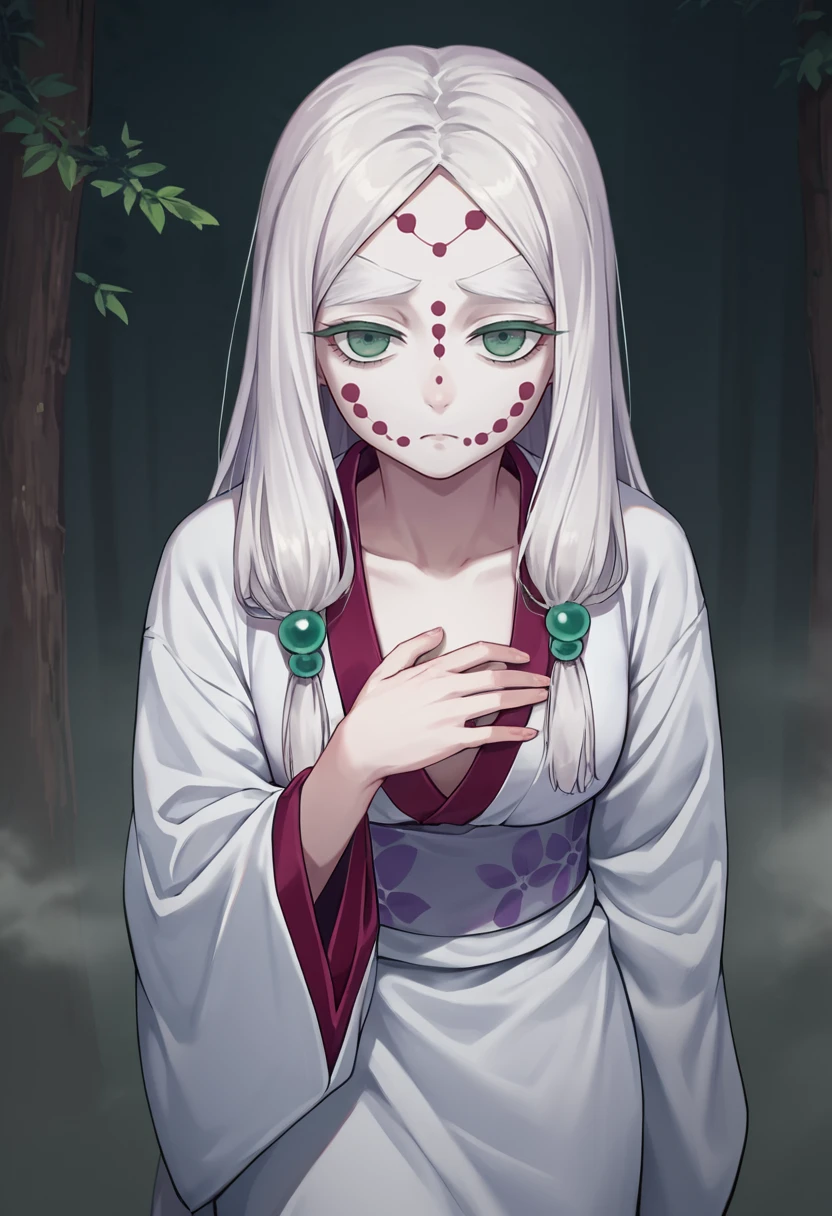 score_9, score_8_up, score_7_up, source_anime, solo, 1girl, motherspiderdemon, pale skin, forehead mark, expressionless, looking at viewer, hand on own chest, white hair, hair ornament, green eyes, japanese clothes, white kimono, fog, forest <lora:demonslayer_motherspiderdemon_ponyXL:1>