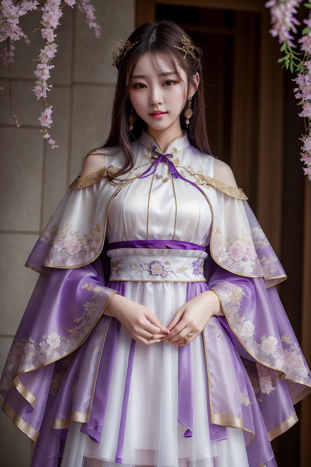 ((best quality)), absurdres, ((ultra high res)), 1girl, perfect face, beautiful face, chinese clothes, white_purple dress, short hanfu, shoulder cape, <lora:hanfuu:0.7>