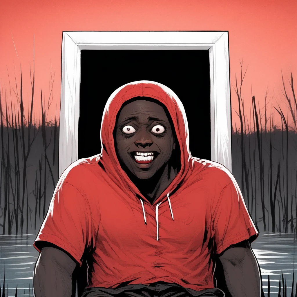 couch, door, suspenders, expressionless, teeth, hood up, closed eyes, wading, dark skin, short sleeves, comic, red sky