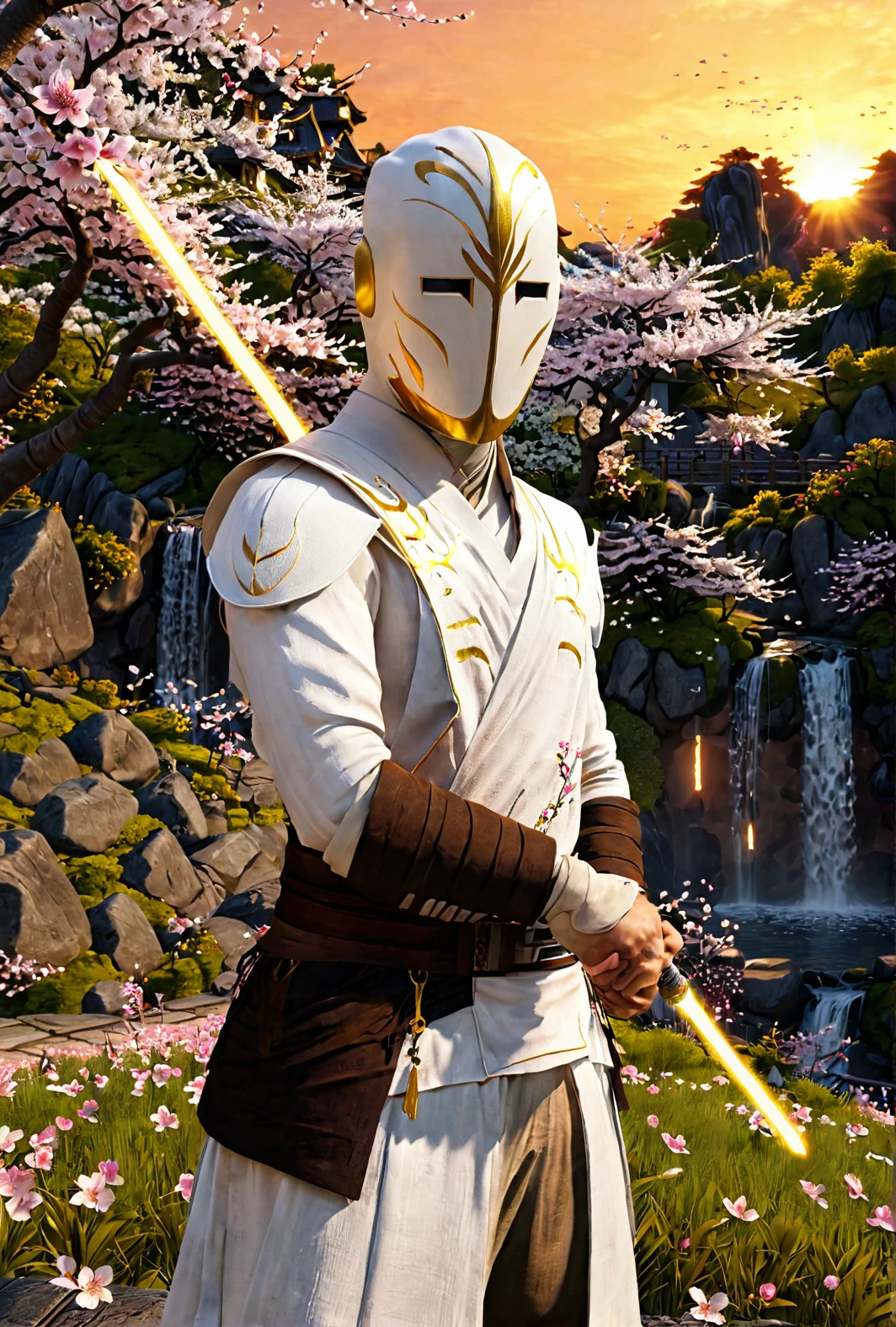 male holding lightsaber, standing, fighting position, white mask, gold patterns, rtx, field of view, singular lightsaber, cherry blossom tree, japanese scenery, waterfall, pink flowers, sunset
 cinematic masterpiece, slow motion, 7-TempleGuard, accurate clothing, detailed white cloth, gold embroiled
[reflections, realistic lighting, light rays, beams of light, realistic, high quality photo, 4k]
  <lora:Temple Guard v1.0:0.9> <lora:add-detail-xl:0.5> <lora:xl_more_art-full_v1:0.4>