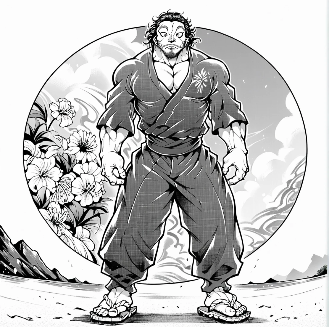 score_9, score_8_up, score_7_up, score_6_up, score_5_up, score_4_up, detailed background, 
 <lora:Musashi_Miyamoto_Baki_for_PonyXL:0.8> musash1, male focus, 1boy, facial hair, monochrome, greyscale, solo, beard, japanese clothes, muscular, sandals, BREAK
cowboy shot, beach,