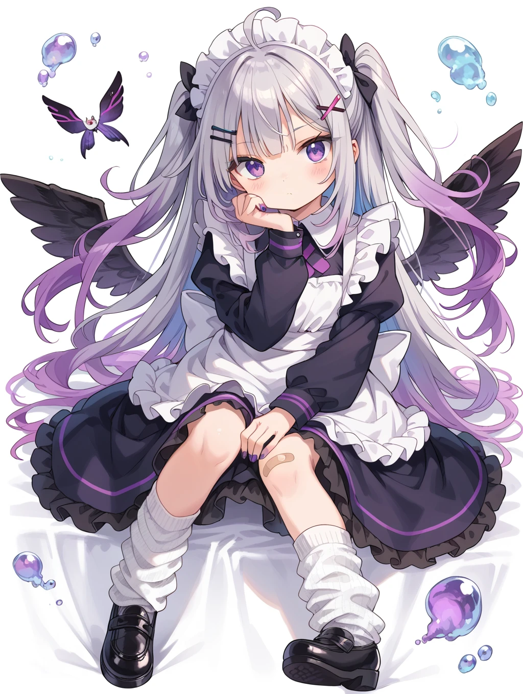 score_9, score_8_up, score_7_up,
1girl, purple eyes, solo, maid headdress, socks, black footwear, long hair, dress, sitting, long sleeves, shoes, maid, grey hair, frills, puffy sleeves, apron, white apron, bandaid, multicolored hair, black dress, bandaid on leg, blush, hair ornament, wings, very long hair, nail polish, x hair ornament, looking at viewer, bow, purple hair, detached wings, full body, closed mouth, mini wings, frilled apron, two side up, puffy long sleeves, ahoge, loose socks, hairclip, gradient hair, black bow, striped clothes, bandaid on knee, frilled dress, hand up, purple nails, black nails, white hair