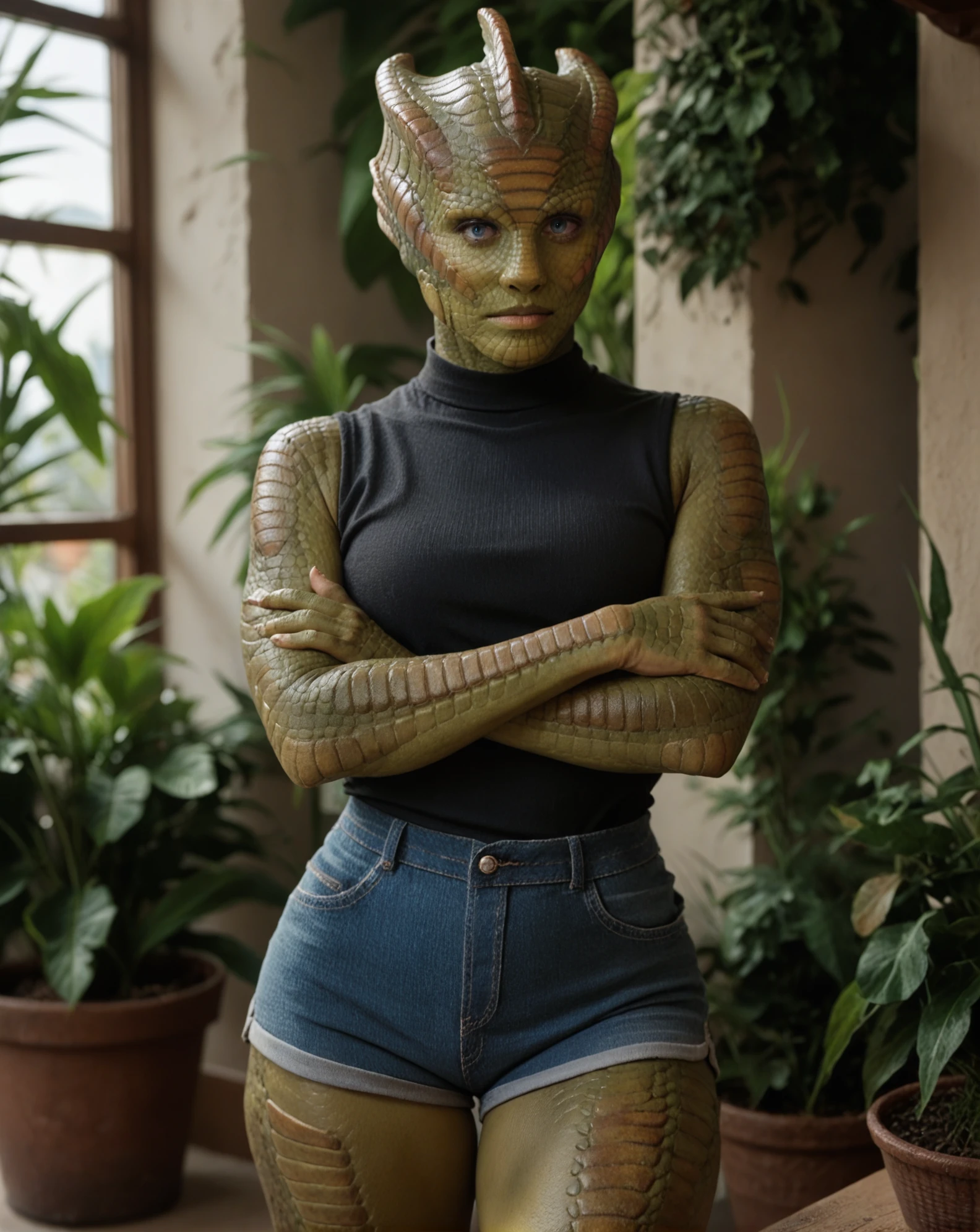 <lora:VastraJenny:0.8> Vastra, woman, blue eyes, looking at the viewer, black sleeveless shirt, crossed arms, shorts, ((green skin)), plants at the background, scales, (Scales on thighs), score_9, score_8_up, score_7_up, score_6_up, score_5_up, score_4_up