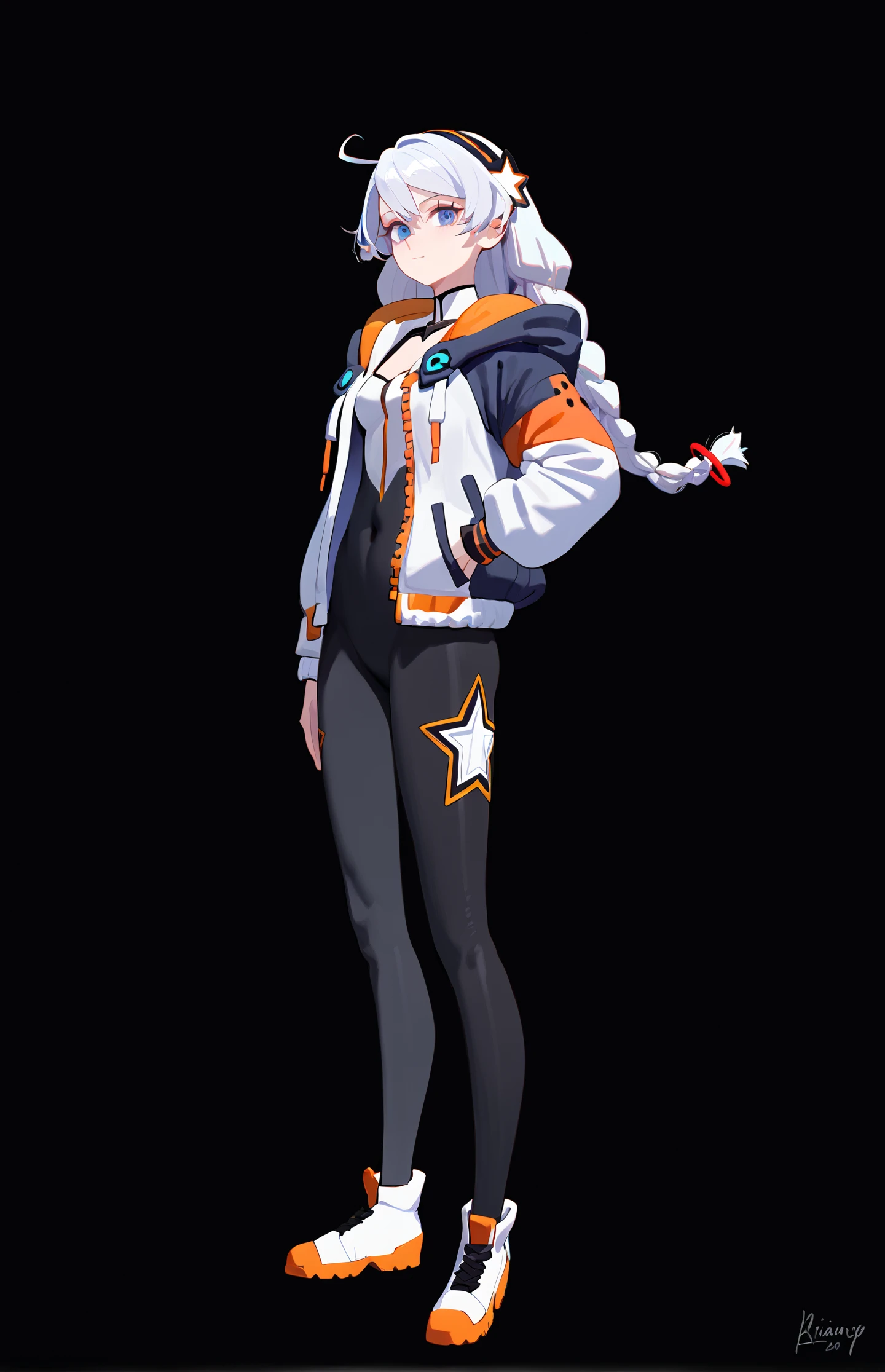 score_9, score_8_up, score_7_up, score_6_up, 8k, best quality, masterpiece, (ultra-detailed:1.1), (high detailed skin),
(full body), (black background:1.1), standing, looking at viewer, (solo), hand on hip,
<lora:kiana-young-pony-Tanger-000010:0.8>, kiana kaslana, mitu, 7th clothes, 1girl, jacket, braid, blue eyes, twin braids, long hair, white hair,
(beautiful_face), ((intricate_detail)), clear face,
((finely_detailed)), fine_fabric_emphasis,
((glossy)), full_shot,