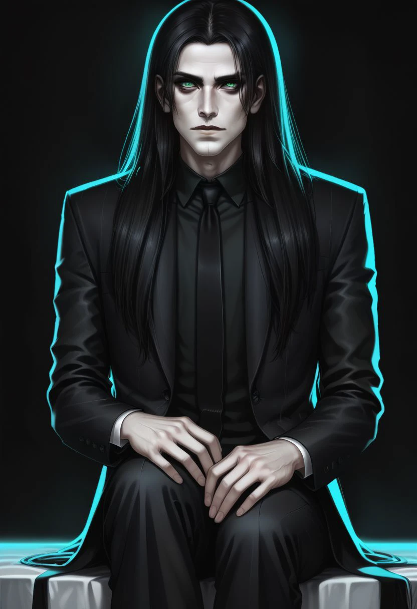 score_9, score_8_up, score_7_up woman, male, pale skin, black long hair, green eyes, black makeup eyes, clothes in black suit, sitting