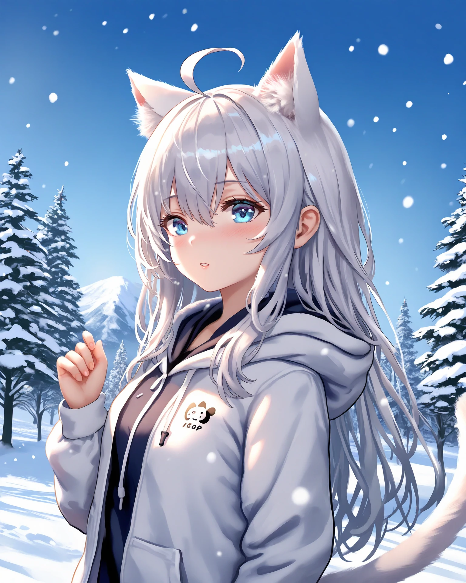 <lora:R-Anime-Sytle-Add-prune_LoRA:0.8>,Best-A,(Artist:Poi:1.3),colorful,((torino_aqua)),((kedama_milk)),a-by,wlop,as109,catzz,azuuru,guo_jiang_mullay
1girl, animal ears, tail, cat tail, solo, cat ears, blue eyes, hood, long hair, white hair, outdoors, cat girl, hood down, snow, long sleeves, blush, parted lips, tree, sky, hand up, snowing, white hoodie, upper body, animal ear fluff, hair between eyes, drawstring, hoodie, winter, day, ahoge, blue sky
