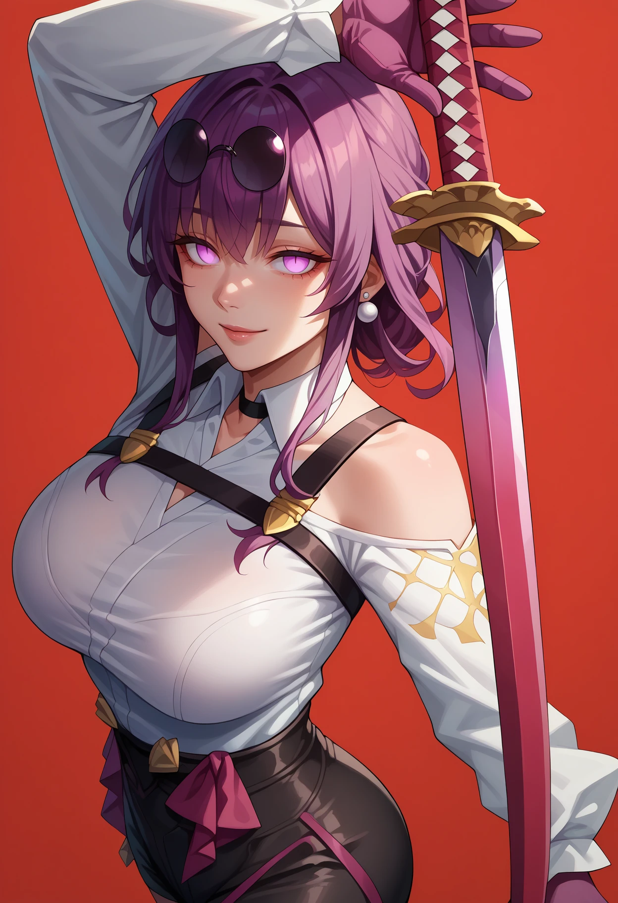 score_9,score_8_up,score_7_up,detailed,1girl,iwouldkafka,red background,katana,holding sword,purple hair,empty eyes,no pupils,large breasts,sunglasses,eyewear on head,pearl earrings,collared shirt,white shirt,chest harness,black choker,shoulder cutout,purple gloves,high-waist shorts,black shorts,looking at viewer,seductive smile,<lora:Kafka-JeloXL-000009:1>,