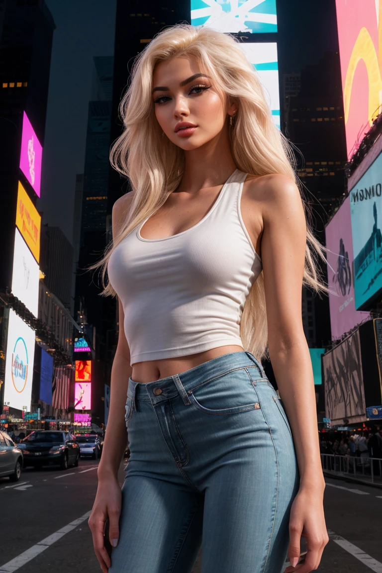 (Cinematic Shot:1.3) Tower13_Barb  (skinny, slim, slender, narrow waist:1.3) ((Photo Focus, DOF, Aperture, insanely detailed and intricate, character, hypermaximalist, hyper realistic, super detailed, (lens flare))) (Jeans and tank top:1.3) (at times square:1.3) (smile:1.3) <lora:exposure_control_v10:-0.2> <lora:more_details:0.3>