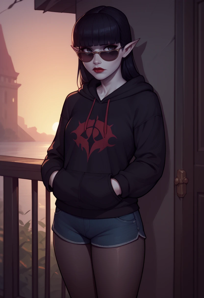 score_9, score_8_up, score_7_up, <lora:countessruby-guy-PON-LyCORIS-Yv1:.9>, countessruby, 1girl, solo, pointy ears, vampire, pale skin, makeup, blunt bangs, hiding, sunglasses, hoodie, shorts, pantyhose, sunset,