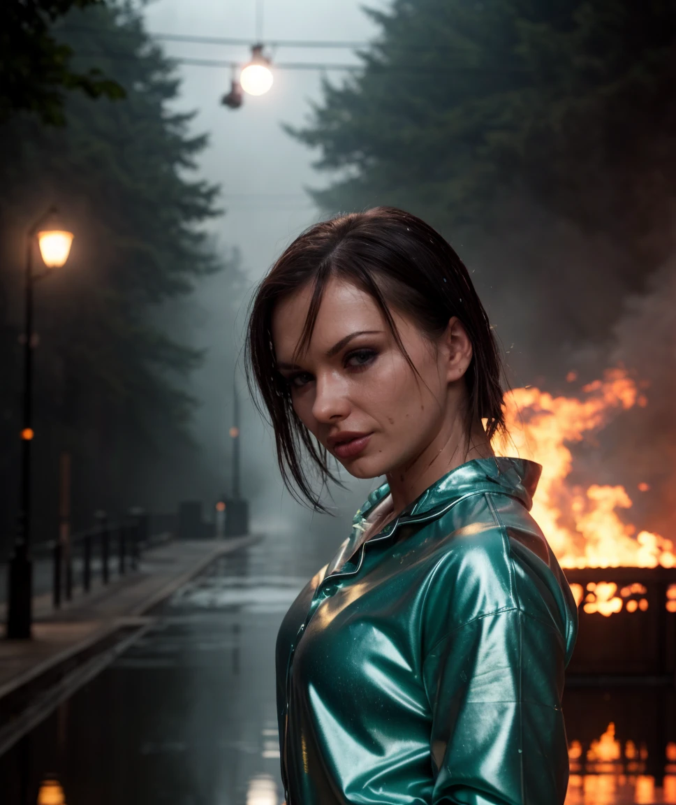 cinematic photo  , award winning photo,   <lora:quiron_KatjaKassin_v4330_Lora:0.87> katjaKassinQuiron, solo, realistic, lips, looking at viewer, green pajamas , pose, , fog, explotion, fire, lighting,  (night street) , scenery,  impossible clothes, action scene, highly detailed background, keyvisual,  Dappled Light,  sidelighting, best shadow, RAW, (Dutch angle), wet clothes, outdoor,  rain, pouring rain,  ,  (sultry flirty look),    elegant, highly detailed, intricate, sharp focus, depth of field, f/1. 8, 85mm, medium shot, mid shot, (centered image composition), (professionally color graded), (bright soft diffused light), volumetric fog, trending on instagram, trending on tumblr, hdr 4k,  . 35mm photograph, film, bokeh, professional, 4k, highly detailed