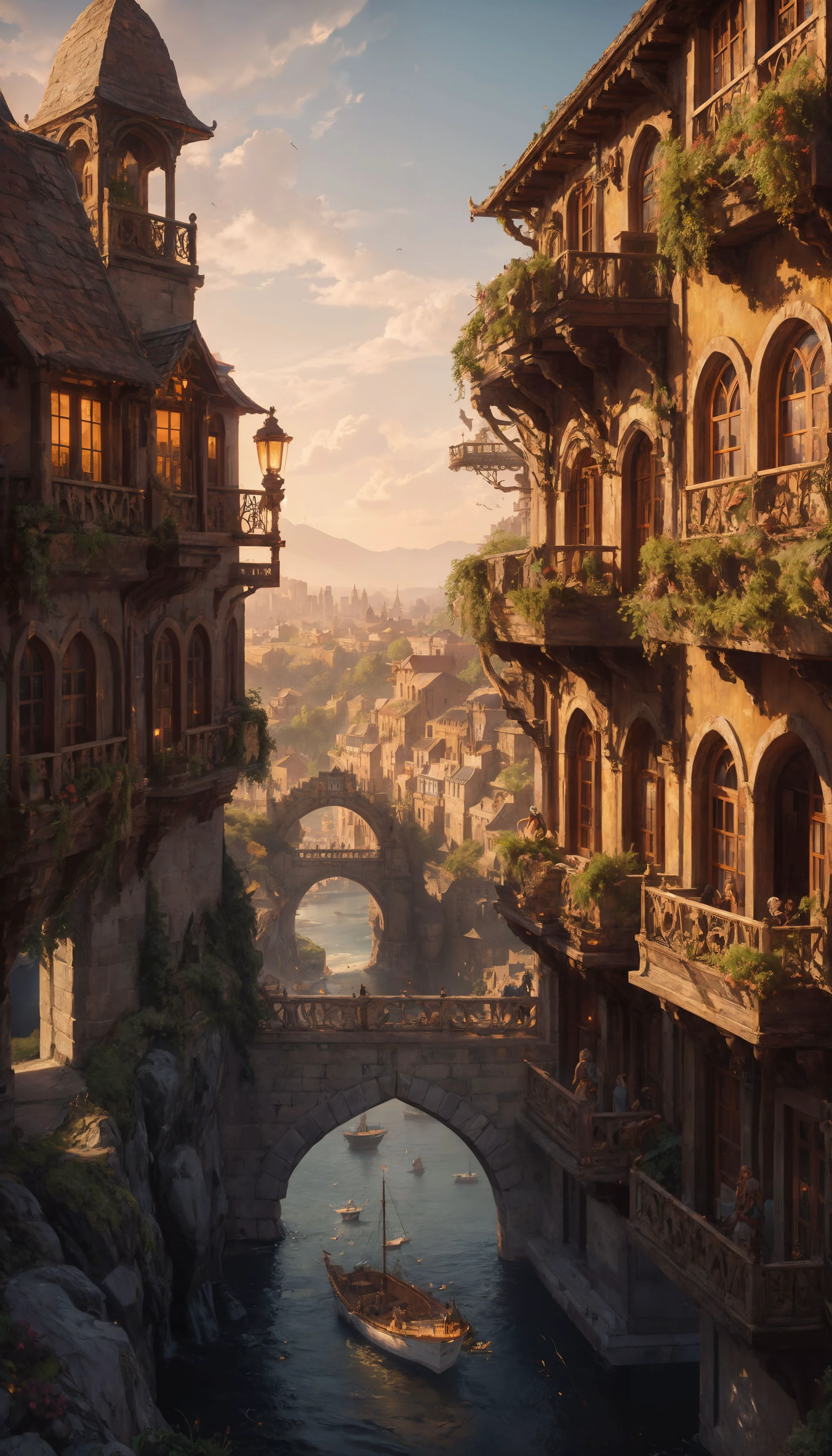 fantasy landscape, vertical, cascades, golden hour, city, shore, orange roofs, inspired by european architecture, aesthetic, intricate, 8k high detail, (masterpiece:1.2), (best quality:1.1)