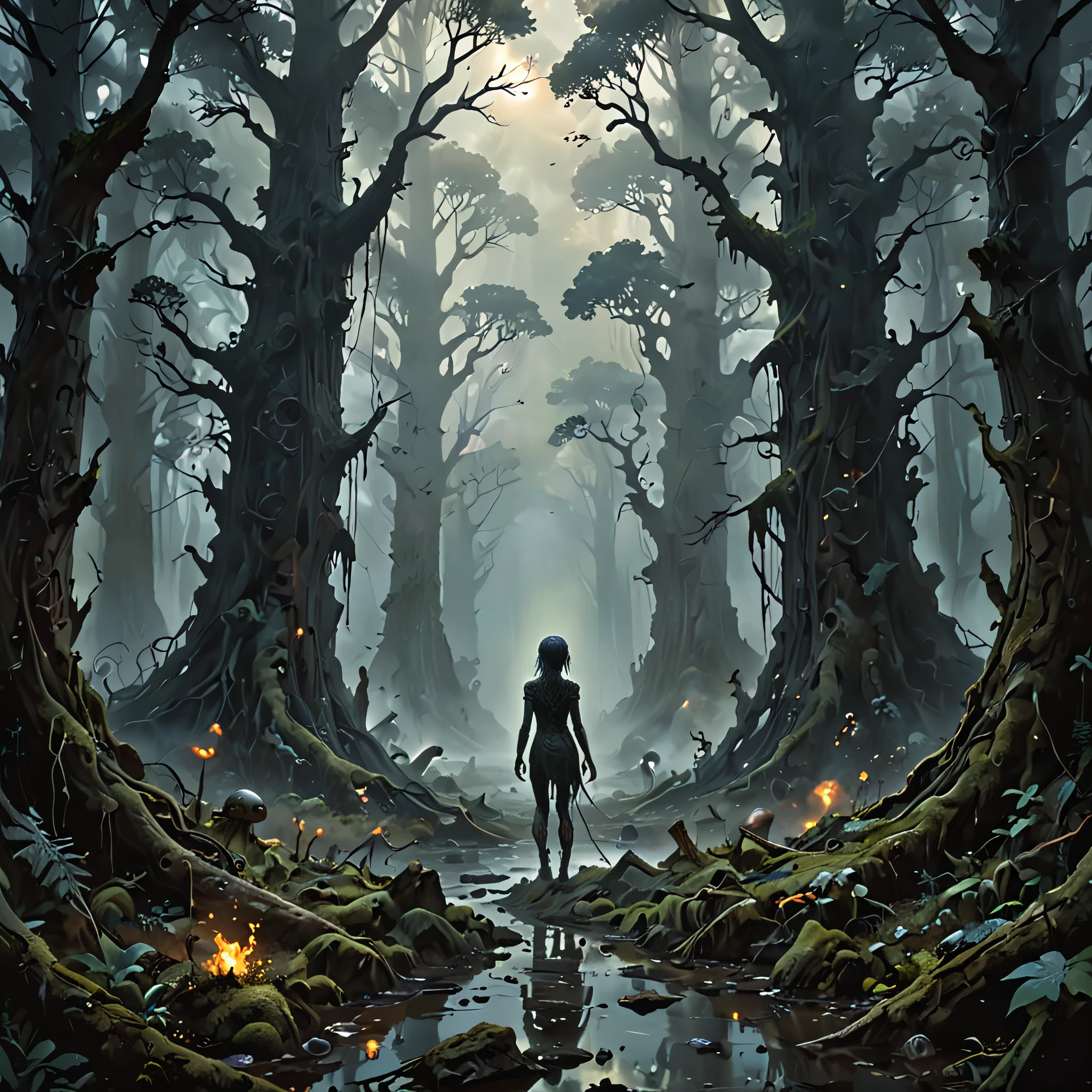 Alien-themed darkened landscape of forgotten ages, misty shadows, ancient stone ruins, eerie silence. Twisted forests of gnarled trees, humanoid aliens dance through the fog. cute style,
<BREAK>
The style of Wayne Barlowe's hyper-realistic portraits of aliens; Noah Bradley's intense focus on the environment around his characters; Huang Guangjian's expressive brush strokes that bring life to every detail, <lora:DarkGrimFantasyXL:0.5> drkms, futuristic , <lora:zavy-cntrst-sdxl:0.6> dark, chiaroscuro, low-key, <lora:sdxl_lightning_8step_lora:1.0> . Extraterrestrial, cosmic, otherworldly, mysterious, sci-fi, highly detailed