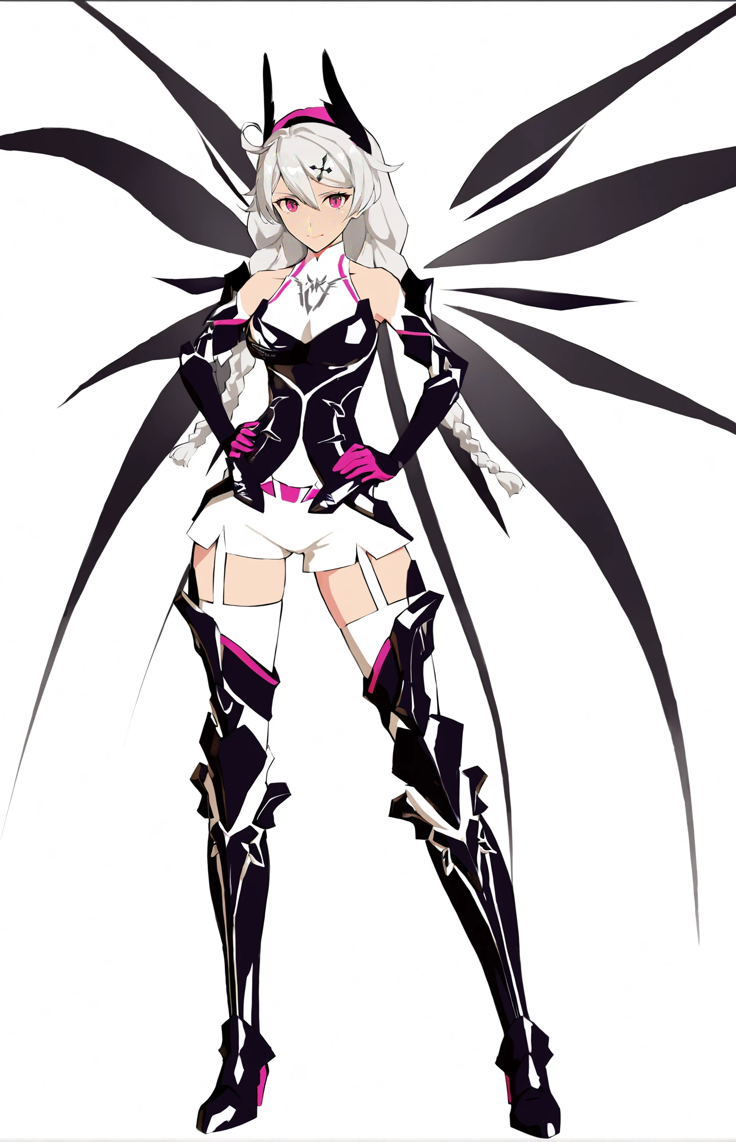 8k, best quality, masterpiece, (ultra-detailed:1.1), (high detailed skin),
(full body), white background, standing, looking at viewer, (solo), hand on hip,
<lora:kiana-young-A3-Tanger-000011:0.7>, kiana kaslana, dark yueguang, 4th clothes, 1girl, gloves, long hair, boots, thighhighs, energy wings, black footwear, hair ornament, braid, bangs, thigh boots
(beautiful_face), ((intricate_detail)), clear face,
((finely_detailed)), fine_fabric_emphasis,
((glossy)), full_shot,