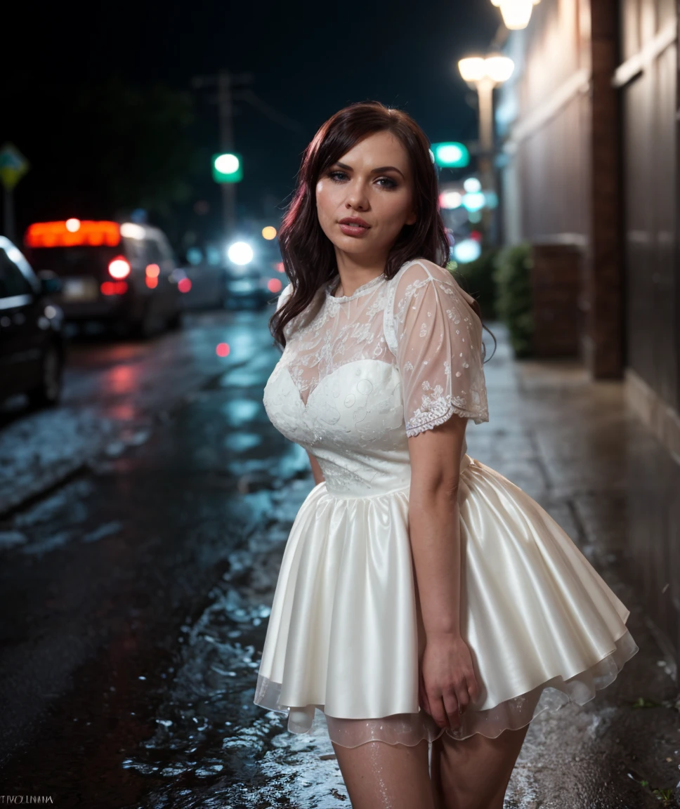 cinematic photo  , award winning photo,   <lora:quiron_KatjaKassin_v4330_Lora:0.87> katjaKassinQuiron, solo, realistic, lips, looking at viewer, wedding dress , leaning forward, , ,  (night street) , scenery,  impossible clothes, action scene, highly detailed background, keyvisual,  Dappled Light,  sidelighting, best shadow, RAW, (Dutch angle), wet clothes, outdoor,  rain, pouring rain,  ,  (sultry flirty look),    elegant, highly detailed, intricate, sharp focus, depth of field, f/1. 8, 85mm, medium shot, mid shot, (centered image composition), (professionally color graded), (bright soft diffused light), volumetric fog, trending on instagram, trending on tumblr, hdr 4k,  . 35mm photograph, film, bokeh, professional, 4k, highly detailed