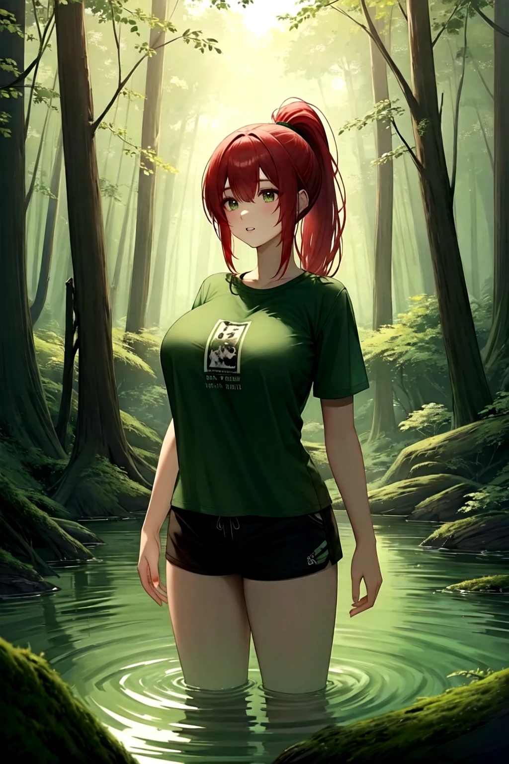 <lora:forest:0.6>, forest, moss, green theme, wading, river, black shorts, large breasts, t-shirt, red hair, ponytail