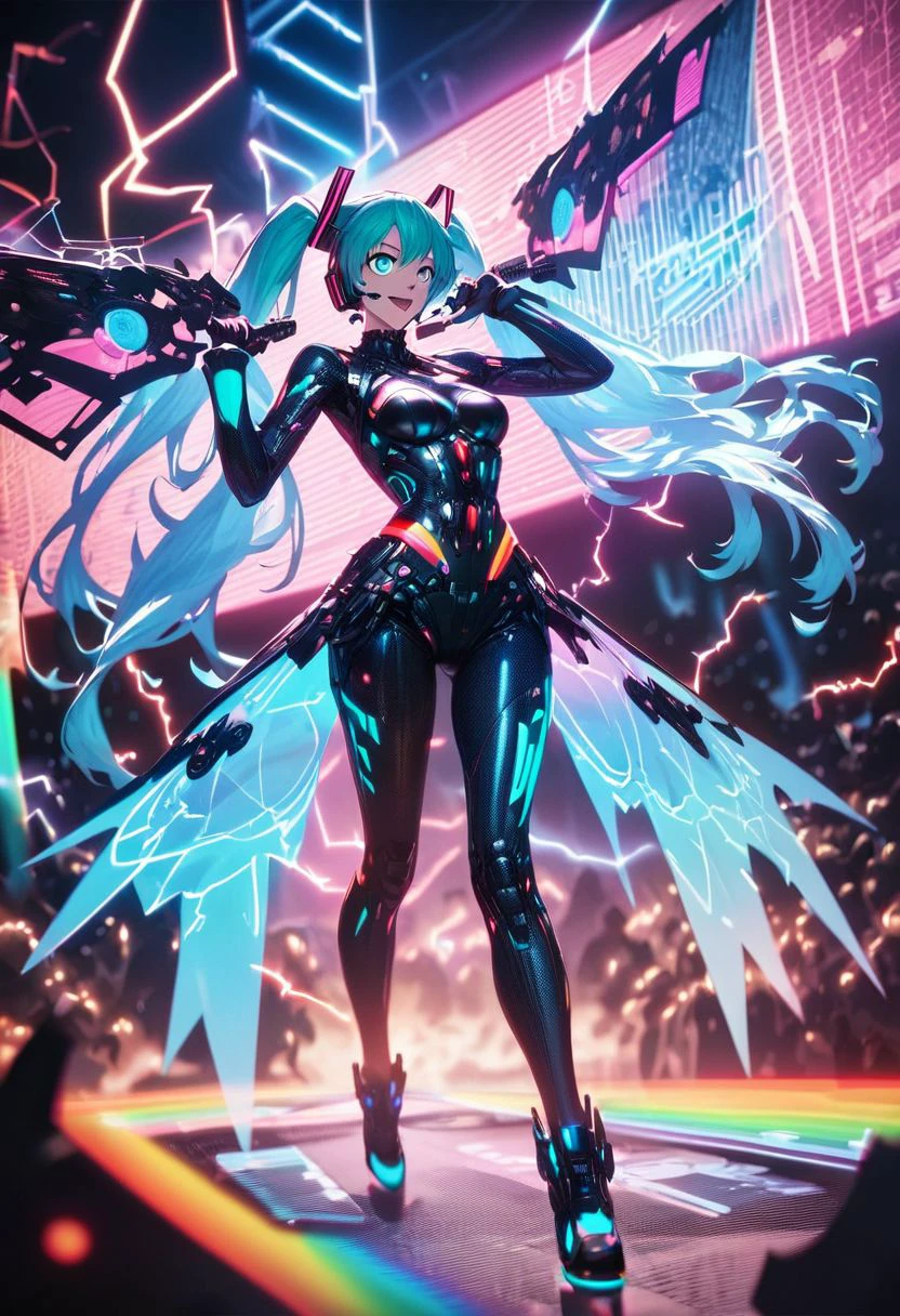 score_9, score_8_up, score_7_up, BREAK, Rainbow Holographic Combat Suit,
Movie Poster page, (promotional poster), Hatsune Miku, 1female, solo, humanoid android, teal hair, teal eyes, singer's uniform, headset, WeirdOutfit style, concert, Nippon Budokan, glowneon, glowing, sparks, lightning, shadow minimalism, (best quality), (masterpiece), detailed, beautiful detailed eyes, perfect anatomy, perfect body, perfect face, perfect hair, perfect legs, perfect hands, perfect arms, perfect fingers, detailed hair, detailed face, detailed eyes, detailed clothes, detailed skin, ultra-detailed, (full body), (upper body), (top quality), pop art, (glitchcore colors)