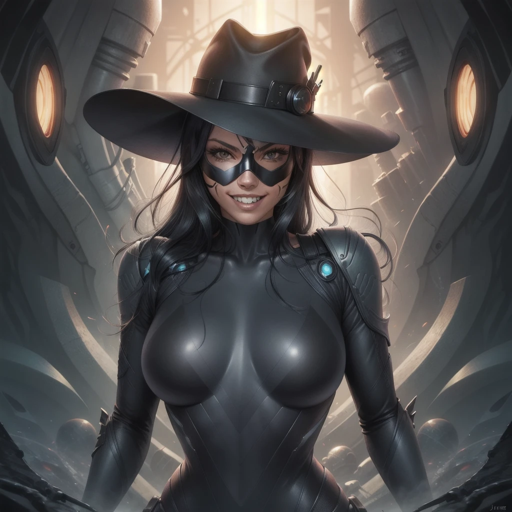 jhstyle style, 1girl, black hair, bodysuit, breasts, hat, jhstyle, mask, no humans, science fiction, teeth, color illustration,  <lora:John_Higgins_style:1>