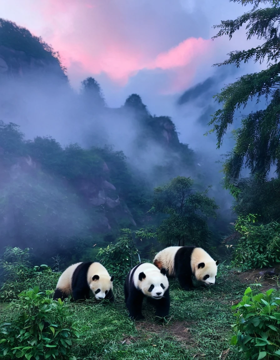 a panda family, dreamy analog style