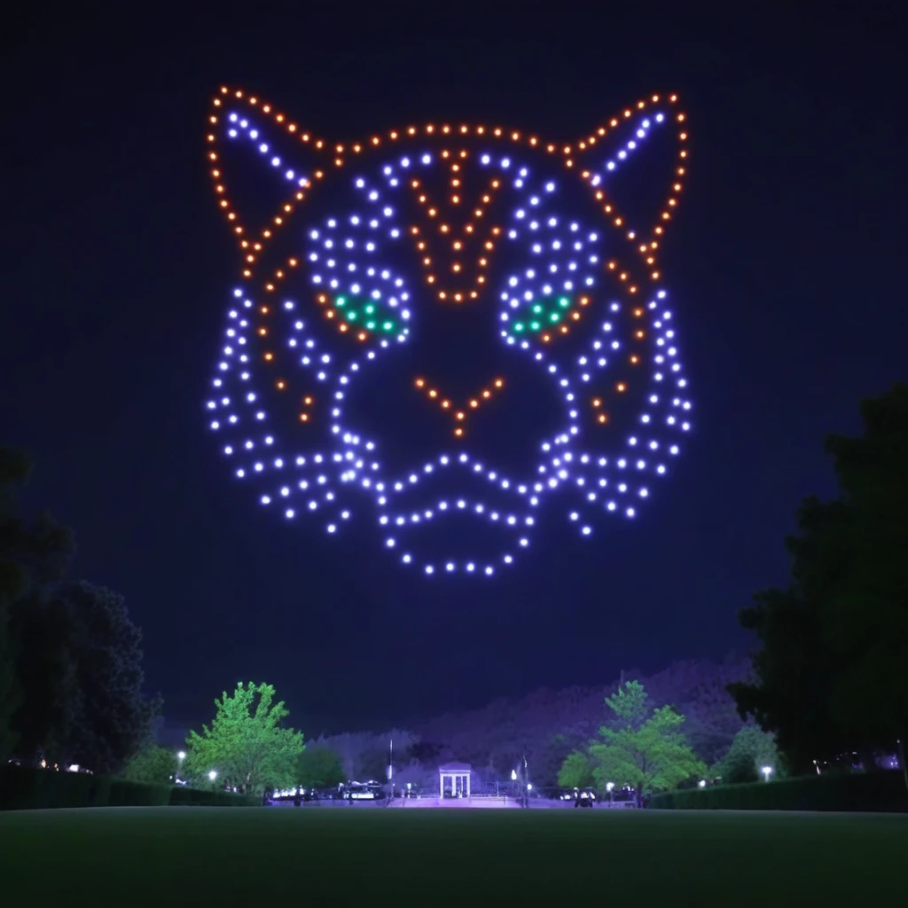 drone lightshow of a sacred spiritual symmetrical orange and white tiger face on a clear dark night over grass and trees, elegant and recognizable design