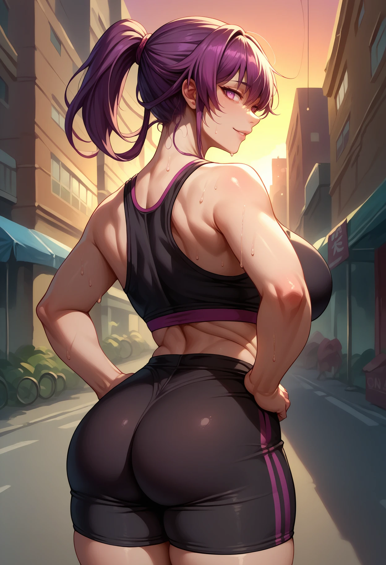 score_9,score_8_up,score_7_up,detailed,1girl,iwouldkafka,from behind,sunset,city street,sweat,hands on own hips,purple hair,long hair,short ponytail,empty eyes,no pupils,large breasts,black sports bra,black shorts,looking back,seductive smile,<lora:Kafka-JeloXL-000009:1>,