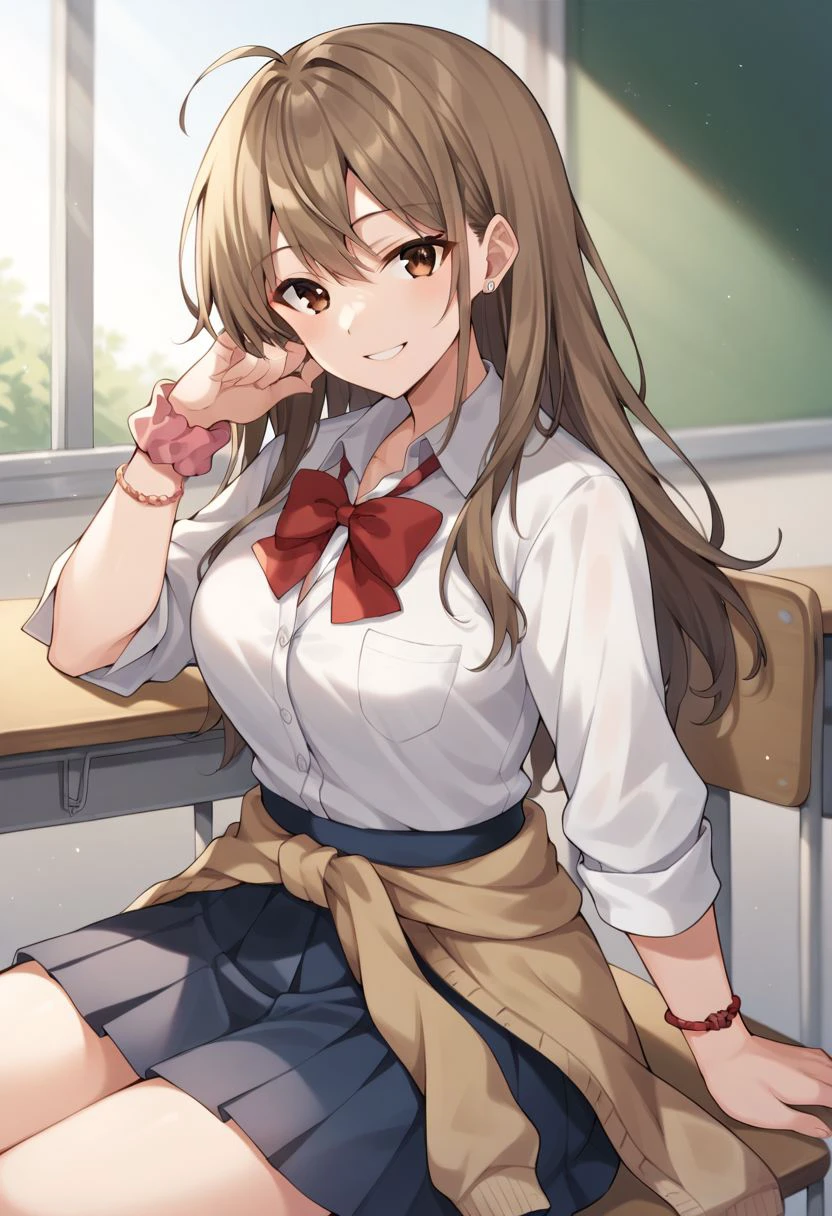 score_9, score_8_up, score_7_up,takarai yua, brown eyes, long hair, brown hair, 1girl, smile, solo, cardigan around waist, skirt, shirt, wrist scrunchie, sitting, white shirt, red bow, clothes around waist, looking at viewer, classroom