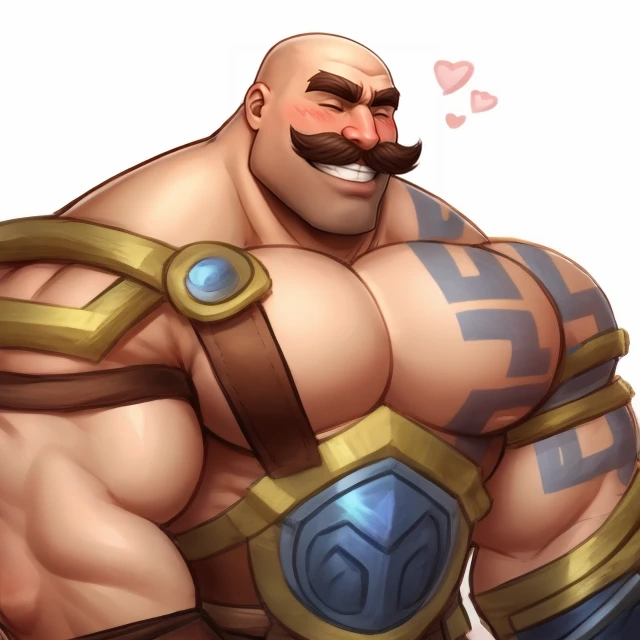 <lora:A8Braum-10:1> braum, male focus, mustache, bald, muscular male, armor, fingerless gloves, pants, solo, large pectorals, 1boy, happy, clenched teeth, grin, human, tattoo, one shoulderpad, five o'clock shadow, manly chin, blush, eyes closed,(^_^:1.1), (best quality:1.3)