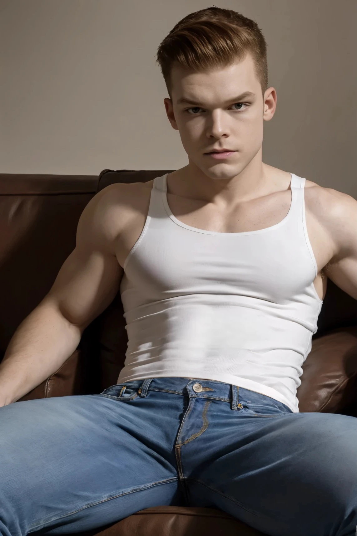 Cameron Monaghan, ((masterpiece)), ((best quality:1.2)), High Resolution, 8k, male focus, (ultra_realistic:1.3), (photorealistic:1.4), sharp focus, 1boy, (perfect face), wide angle, handsome, (((wearing a tight white tank top:1.2))), (((denim jeans:1.2))), ((sitting on couch, leaning back with legs spread wide:1.3)), serious expression, defined body, muscular, blue eyes, short red hair, solo, 1boy