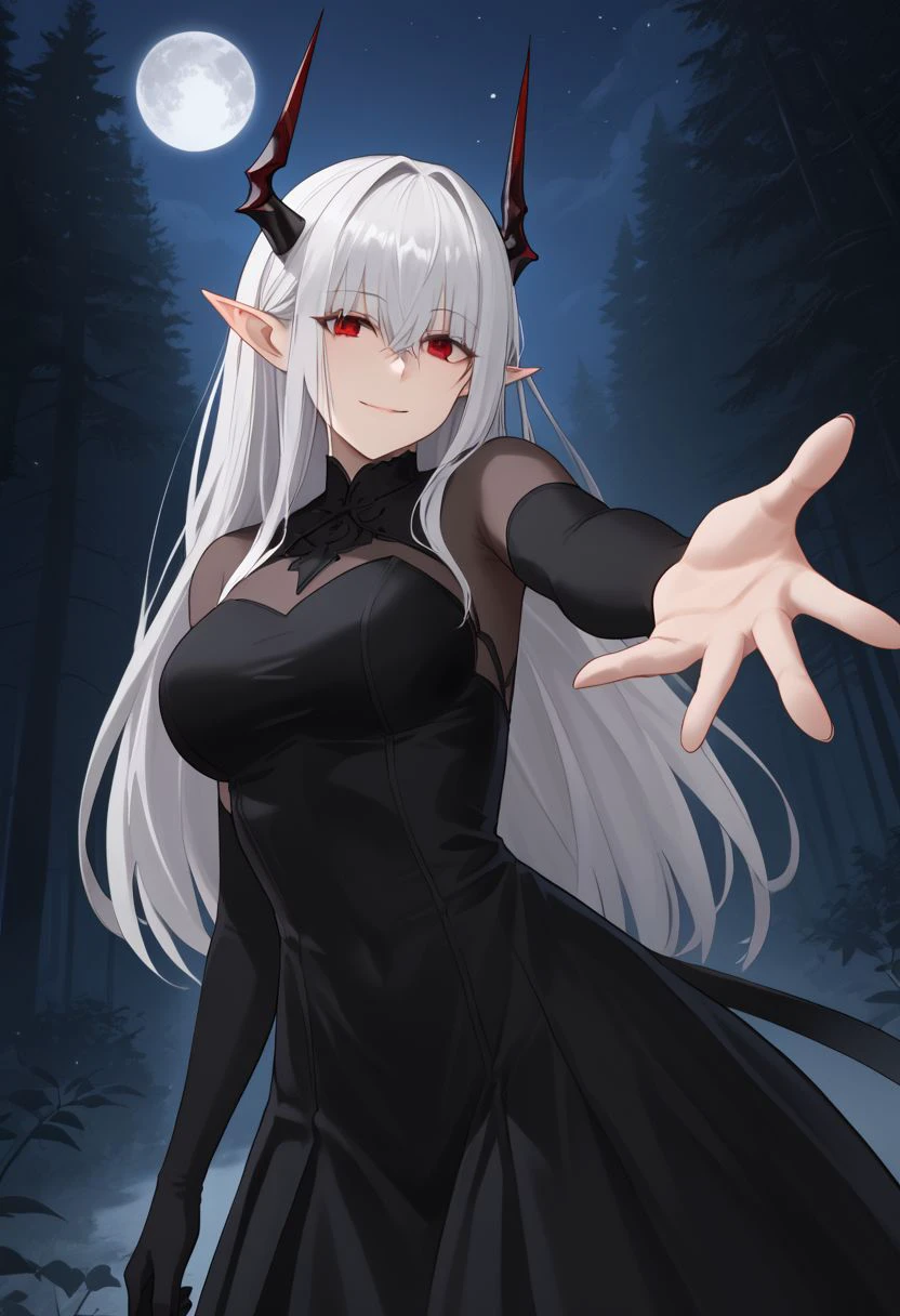 1girl, absurdres, solo, Sarkaz_Dancer, white hair, long hair, horns, pointy ears, red eyes, hair over eyes, eyes visible through hair, asymmetrical skirt, black dress, black gloves, elbow gloves, bodystocking, see-through cleavage, forest, night sky, moon, light smile, looking at viewer, ((offering hand, reaching toward viewer, outstretched hand, outstreched arm))