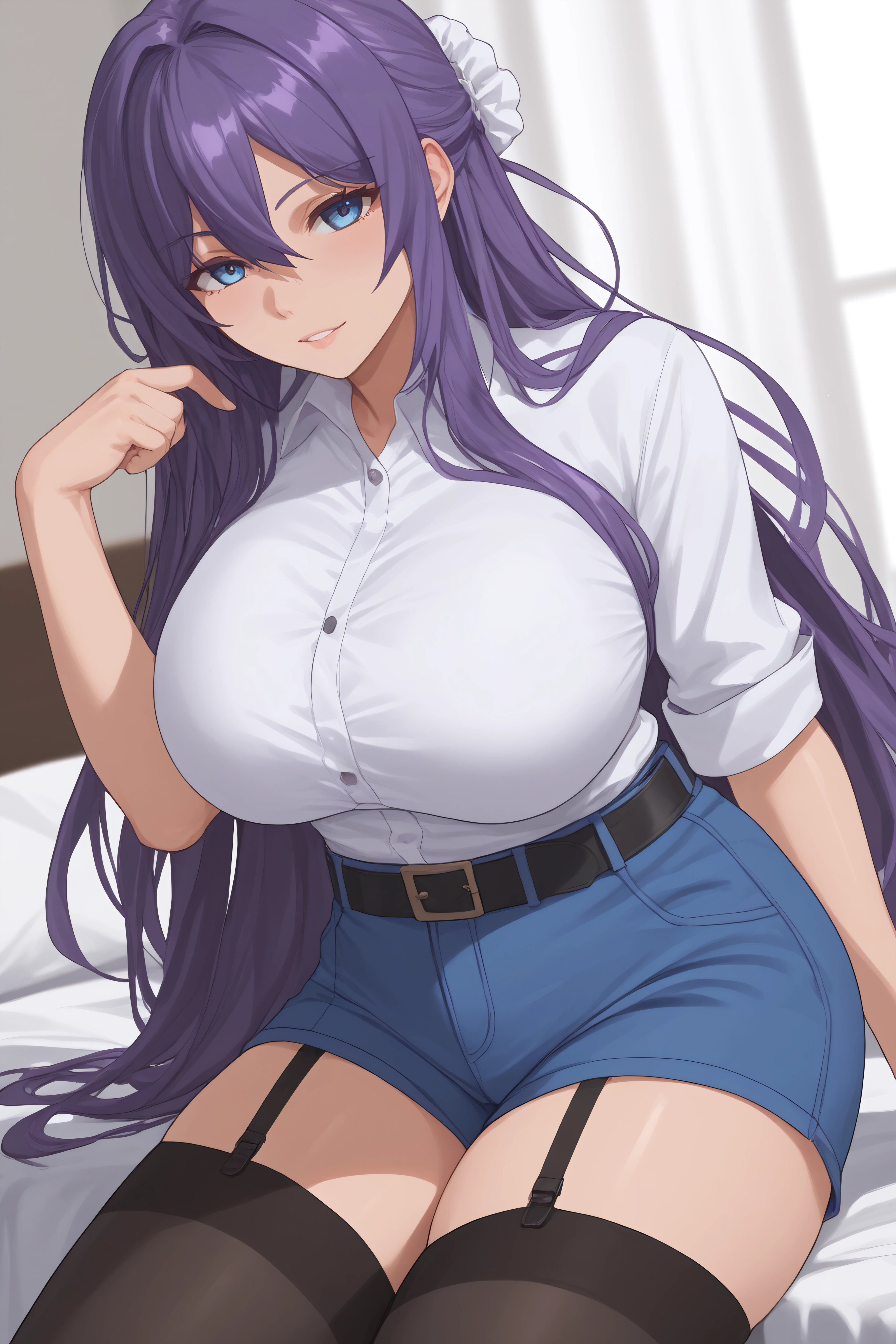 score_9, score_8_up, score_7_up, BREAK source_anime, <lora:rei suzukawa-PonyXL-lora-Faxtron:0.8> rei suzukawa, blue eyes, purple hair, long hair, white scrunchie, large breasts, white shirt, blue shorts, belt, black thighhighs, garter straps,