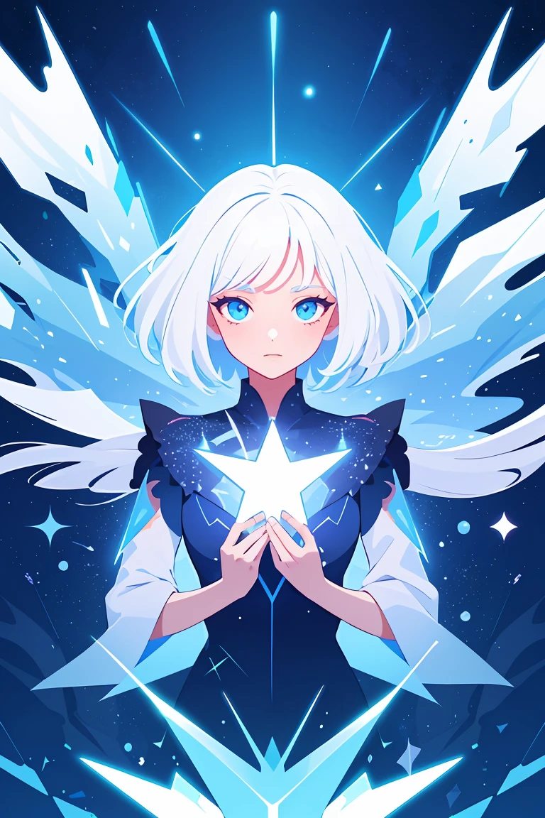 flat vector art,vector illustration, hand drawn style,1girl,solo,white hair,star particles,sky,surreal,Holographic,glowy,sparkle,masterpiece, best quality, highres<lora:GoodHands-beta2:1>