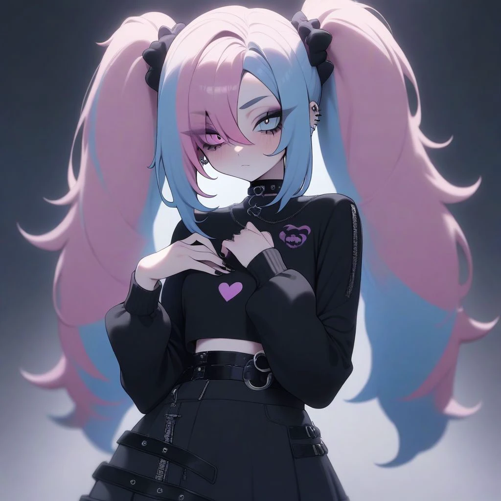 pastel, masterpiece, best quality, aesthetic, high quality, 1girl, solo, goth fashin, emo fashion, black nails, twintails, pink hair, blue hair, multicolored hair, hand on own chest