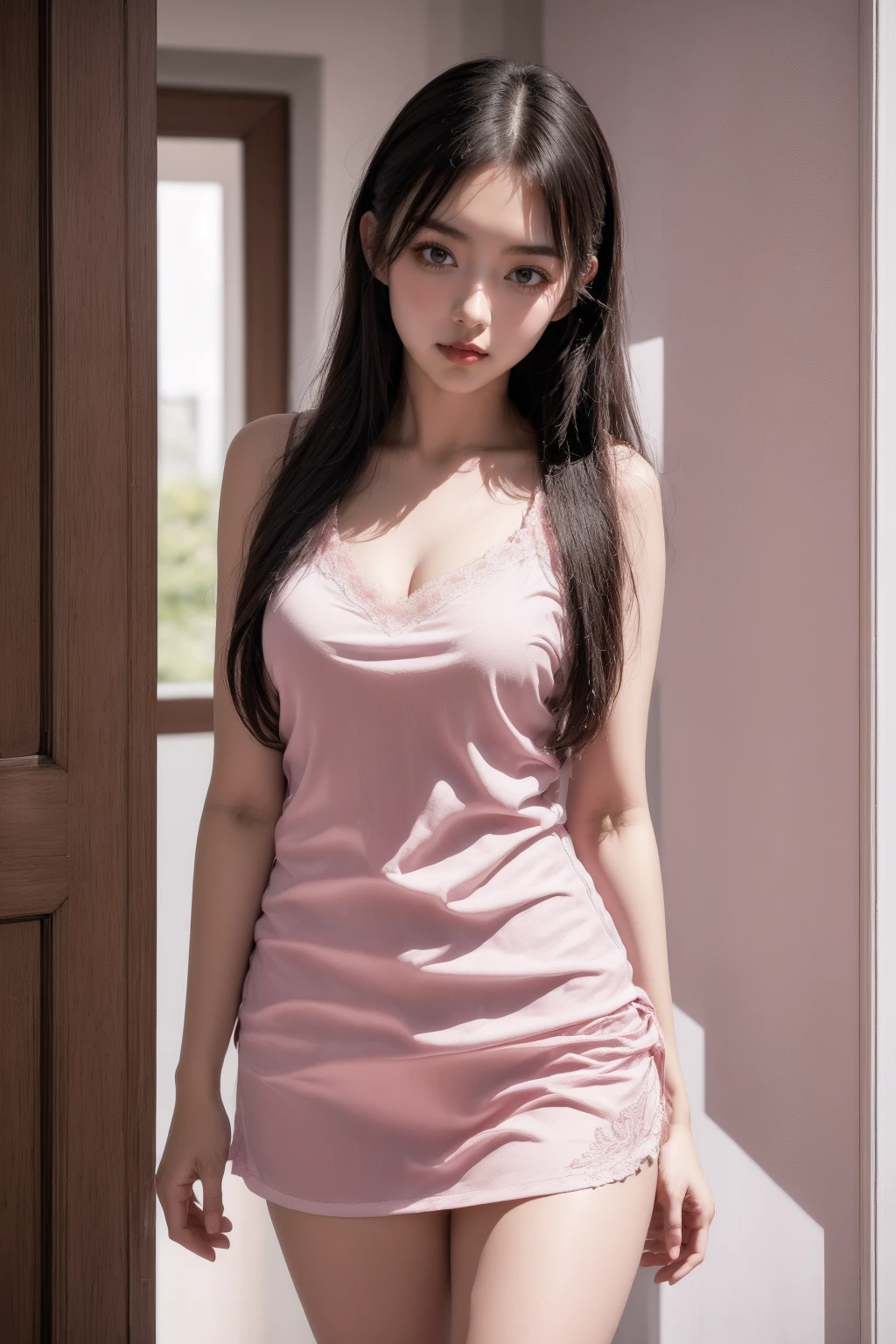 <lora:AgainSuspenderPajamas_v1:1>, pink suspender pajamas, 1girl,