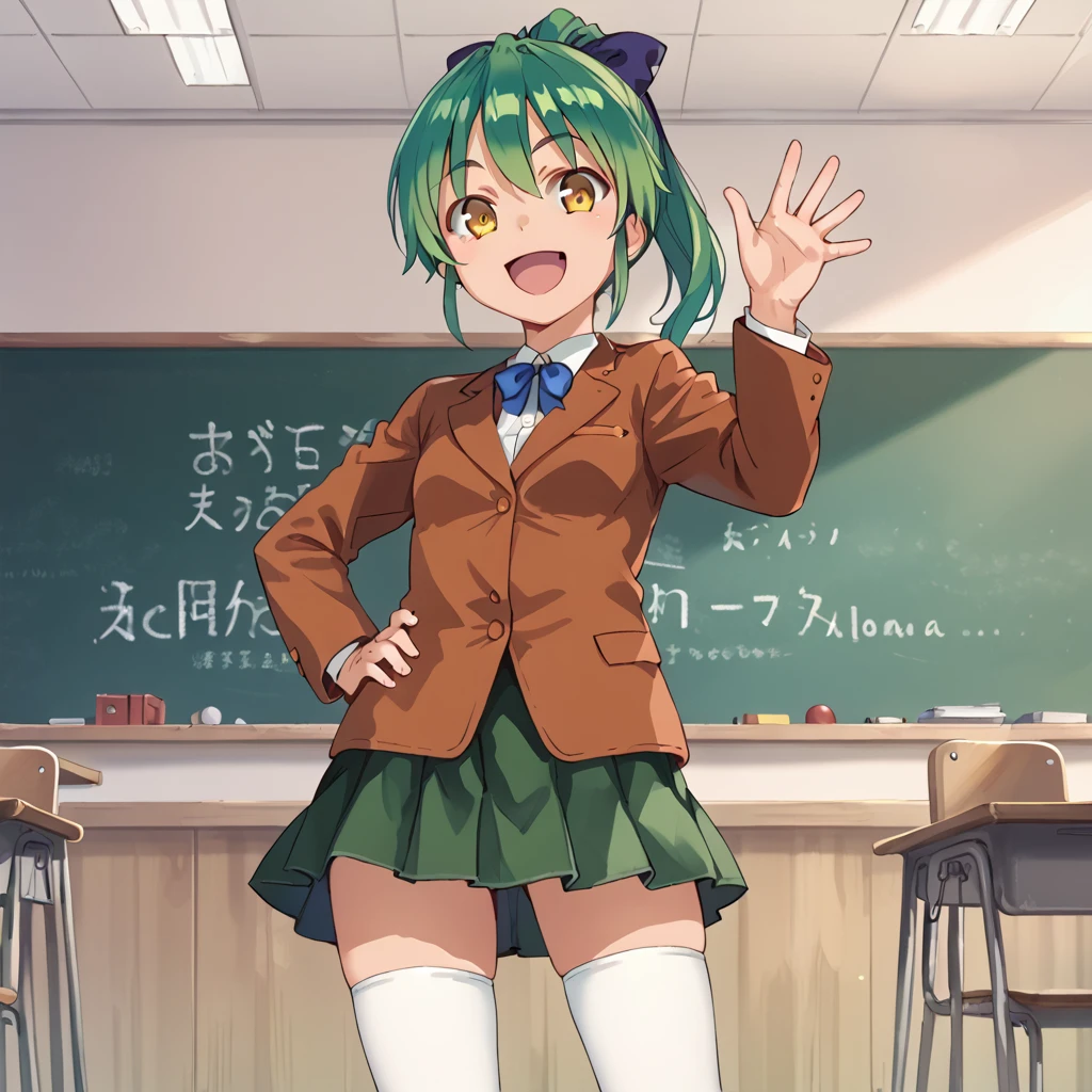 score_9, score_8_up, score_7_up, masterpiece, BREAK, 
ai_aihara, green hair, yellow eyes, ponytail, hair ribbon, brown jacket, green skirt, hand on hip, solo, standing, white thighhighs, waving, classroom, happy, excited,
 <lora:Ai_Aihara_Futabu_-_Low_DIM:1>