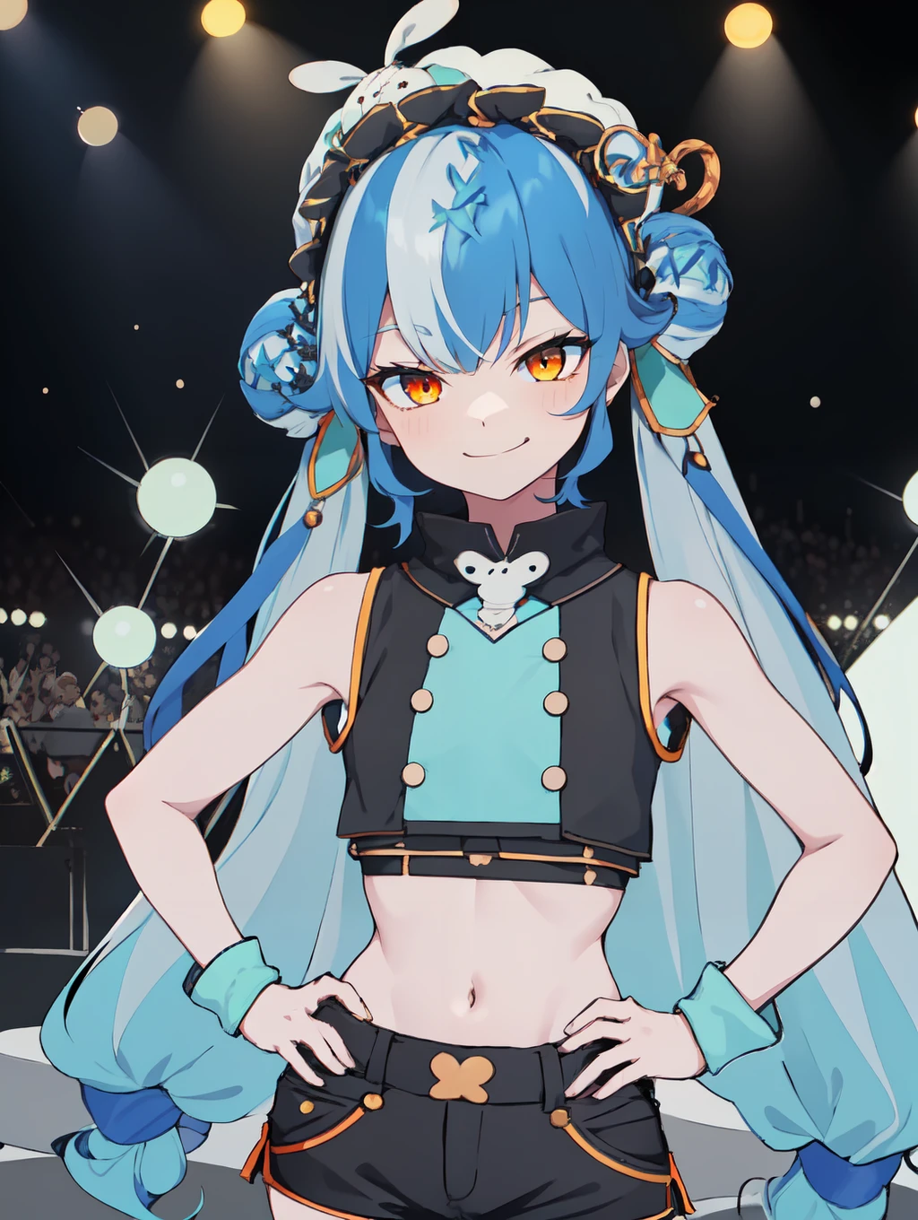 1girl, looking at viewer, small breasts, hands on hips, shiny skin, 

TwistyAmanozako, long hair, multicolored hair, light blue hair, white streaked hair, orange eyes, blunt bang, double hair bun,
((black shorts, black crop top, sleeveless)),


stage, stagelights, 

 <lora:TwistyAmanozako:0.6>
