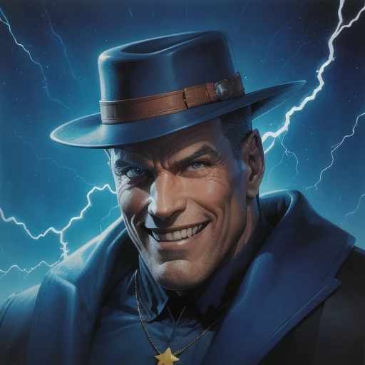 jhstyle style, electricity, hat, jhstyle, male focus, monster, smile, solo, star \(sky\), traditional media, color illustration, <lora:John_Higgins_style:1>
