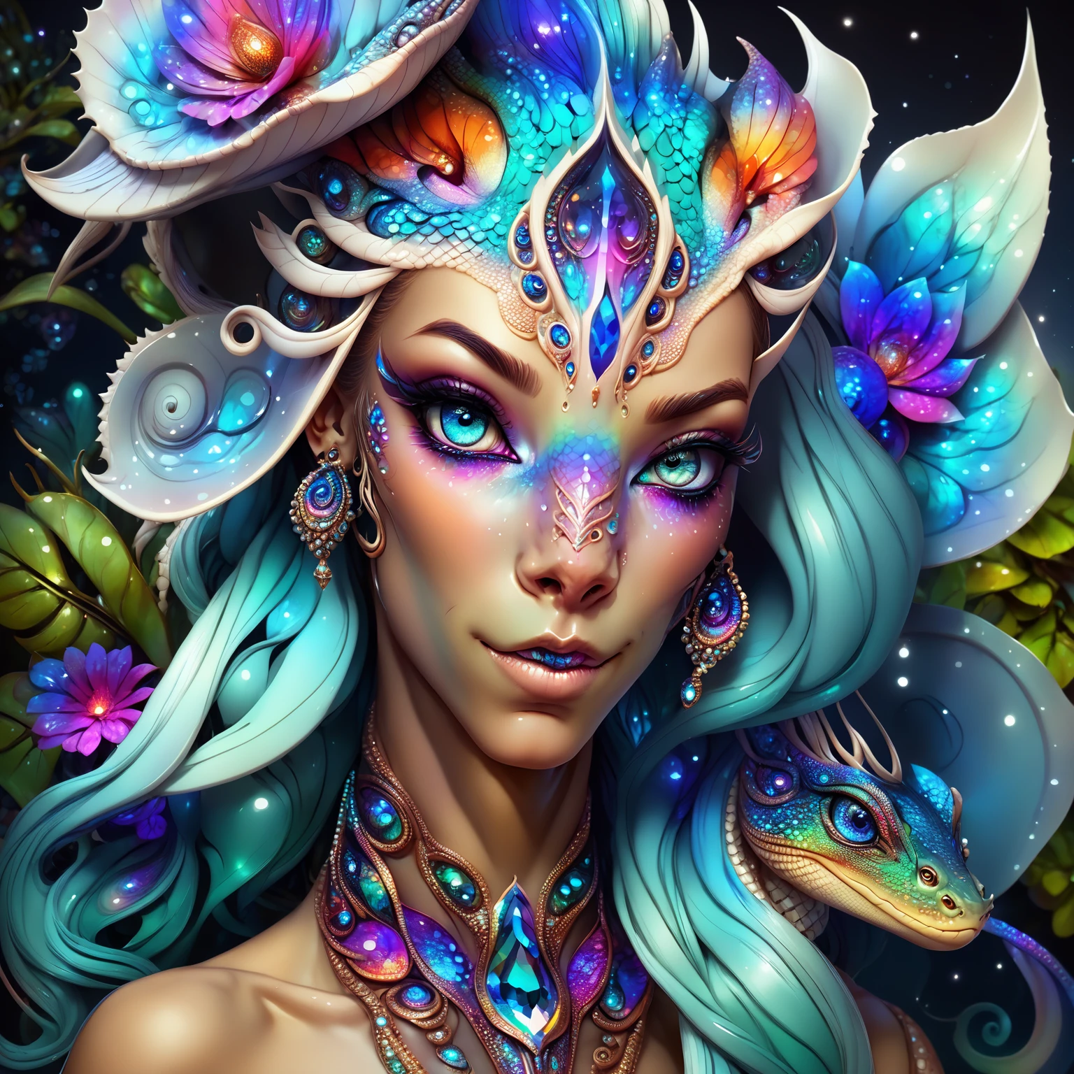 <lora:aiai-DiscoFaces-XL1-v1-captions:0.75> aiai-DiscoFaces style extremely detailed, furry, beautiful lizard woman, scales, head fin, long tongue, realistic, extremely detailed, beautiful icy blue eyes, long eyelashes, color intricate scales, beautiful lush garden background, night sky, dark shadows, jeweled necklace, wearing a petal gown exaggerated colorful art, unique and immersive vibe, internal illumination, hyperrealism, lucid, high quality, 8K Ultra HD, masterpiece, best quality