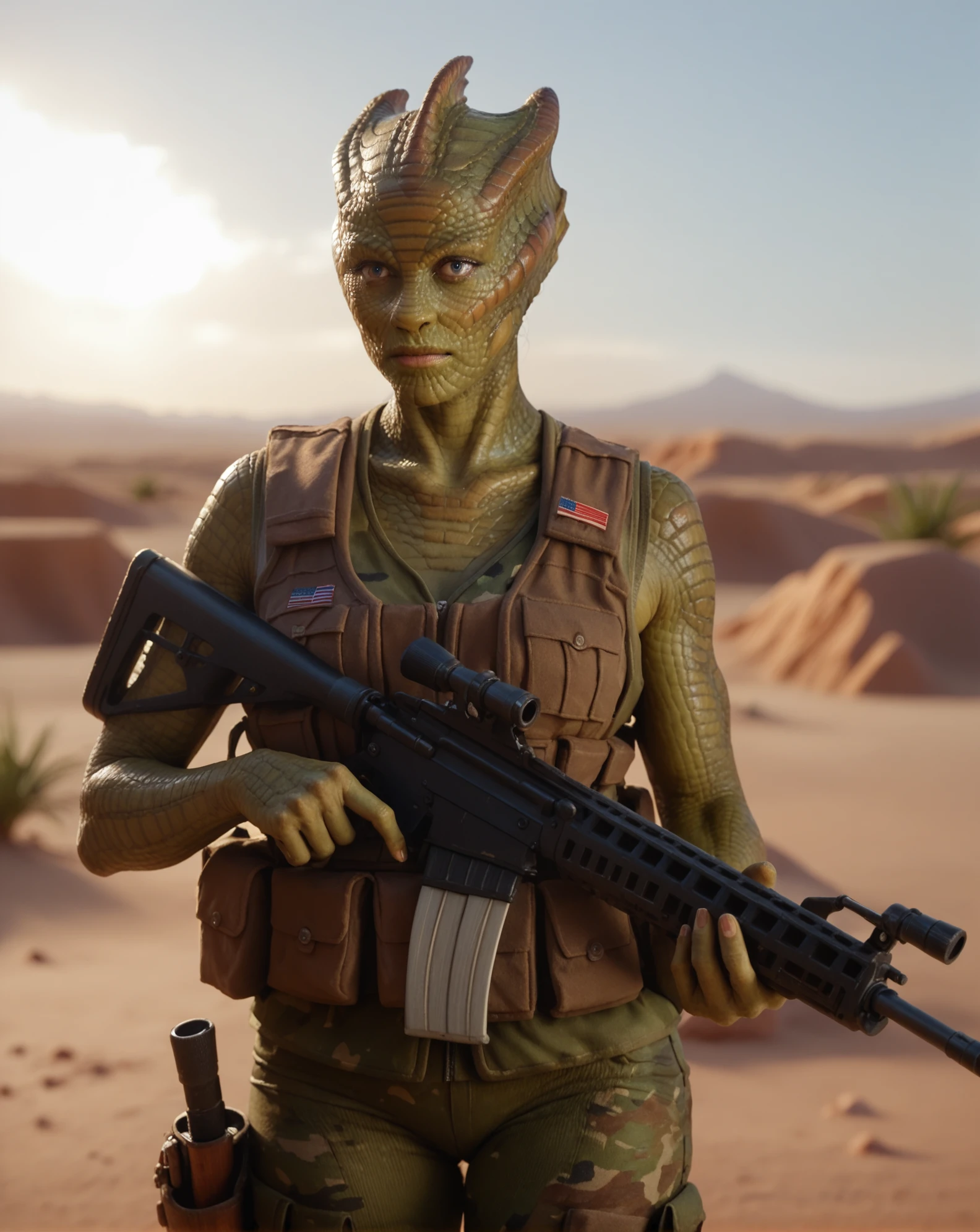 <lora:VastraJenny:0.75> vastra, female, digital painting, masterpiece, hyper tetailed, standing, bulletproof camo vest, sleeveless, holding a rifle with both hands, solo, desert background, green skin, thighs, score_9, score_8_up, score_7_up, score_6_up, score_5_up, score_4_up