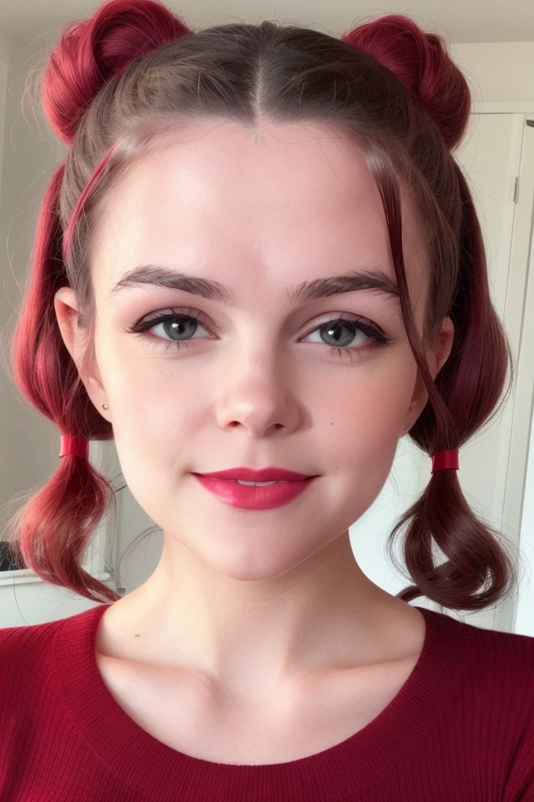 tabootie:0.99, ,((red lipstick, blush)), ,photo of a woman, RAW, ((sweater, home office, bedroom, broadcaster microphone)), ((twintails, short hair)), 8k uhd, dslr, soft lighting, high quality, film grain, Fujifilm XT3 sharp focus, f 5.6,((red lipstick, pale skin)) , smiling