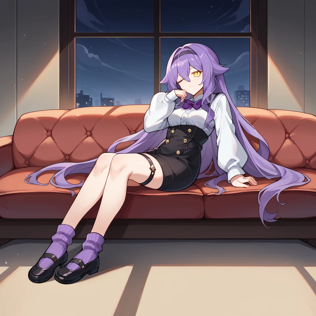 score_9_up, score_8_up, score_7_up, score_6_up, source_anime, 1girl, solo, SirinMagic, SirinUniform, extremely detailed fine touch, shadows, ray tracing, masterpiece, best quality, highly detailed, perfect face, very long hair, sitting on couch, full body, closed eyes, sleeping, peaceful, hair between eyes, yellow eyes, purple hair, sidelocks, hairband, black skirt, high-waist skirt, purple bowtie, shirt, thigh strap, long sleeves, white sleeves, purple ankle socks, black footwear, buttons, small breasts, dynamic cowboy shot, mature body, indoors, night time, dimmed lights, restaurant background