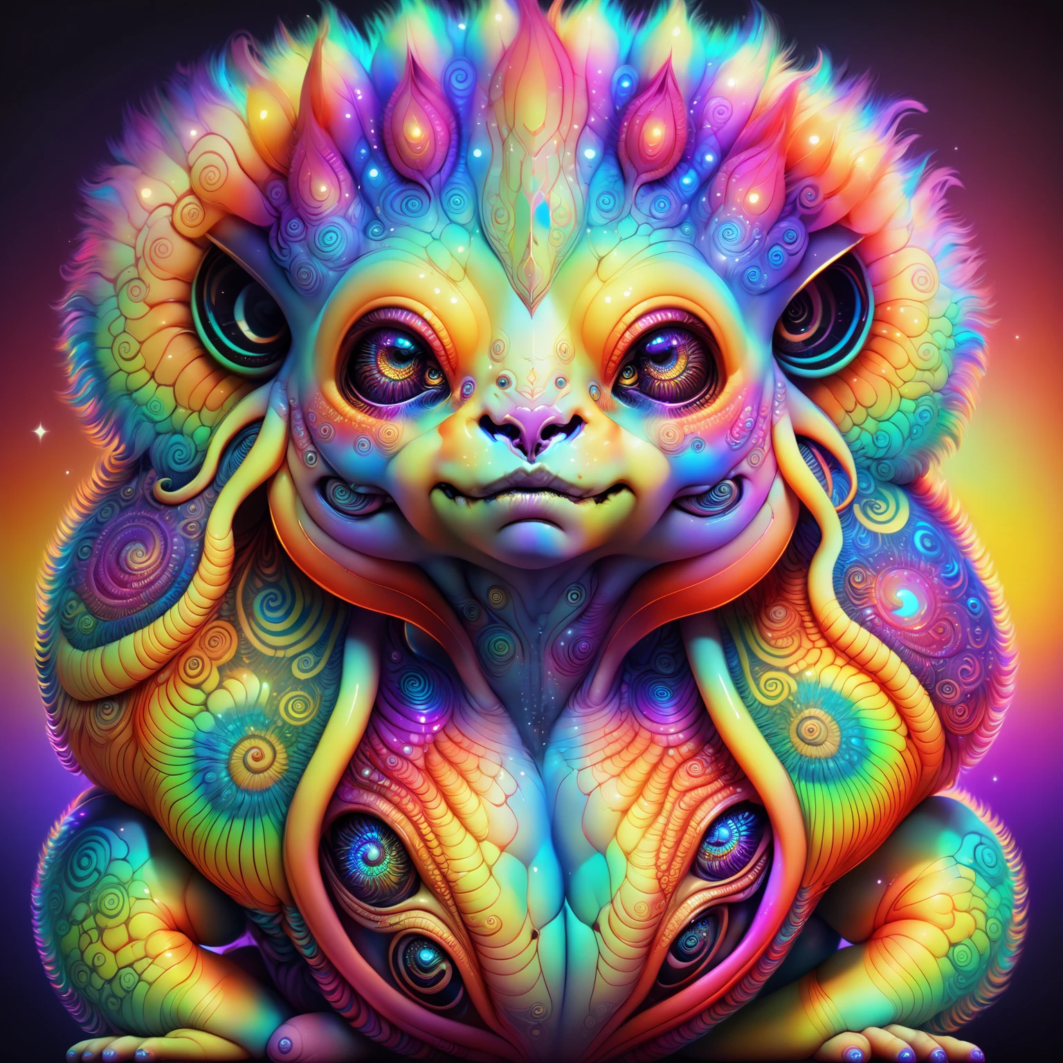 <lora:aiai-DiscoFaces-XL1-v1-captions:0.75> aiai-DiscoFaces style psychedelic chubby alien creature with thick fur sitting on a velvet pillow, vibrant gradient colors, inspired by alex grey and national geographic, high quality, 8K Ultra HD, masterpeice, best quality