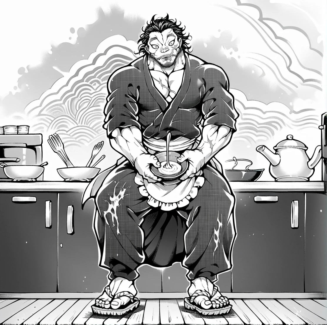 score_9, score_8_up, score_7_up, score_6_up, score_5_up, score_4_up, detailed background,
<lora:Musashi_Miyamoto_Baki_for_PonyXL:0.8> musash1, male focus, 1boy, facial hair, monochrome, greyscale, solo, beard, japanese clothes, muscular, sandals, scar, BREAK
kitchen, apron,