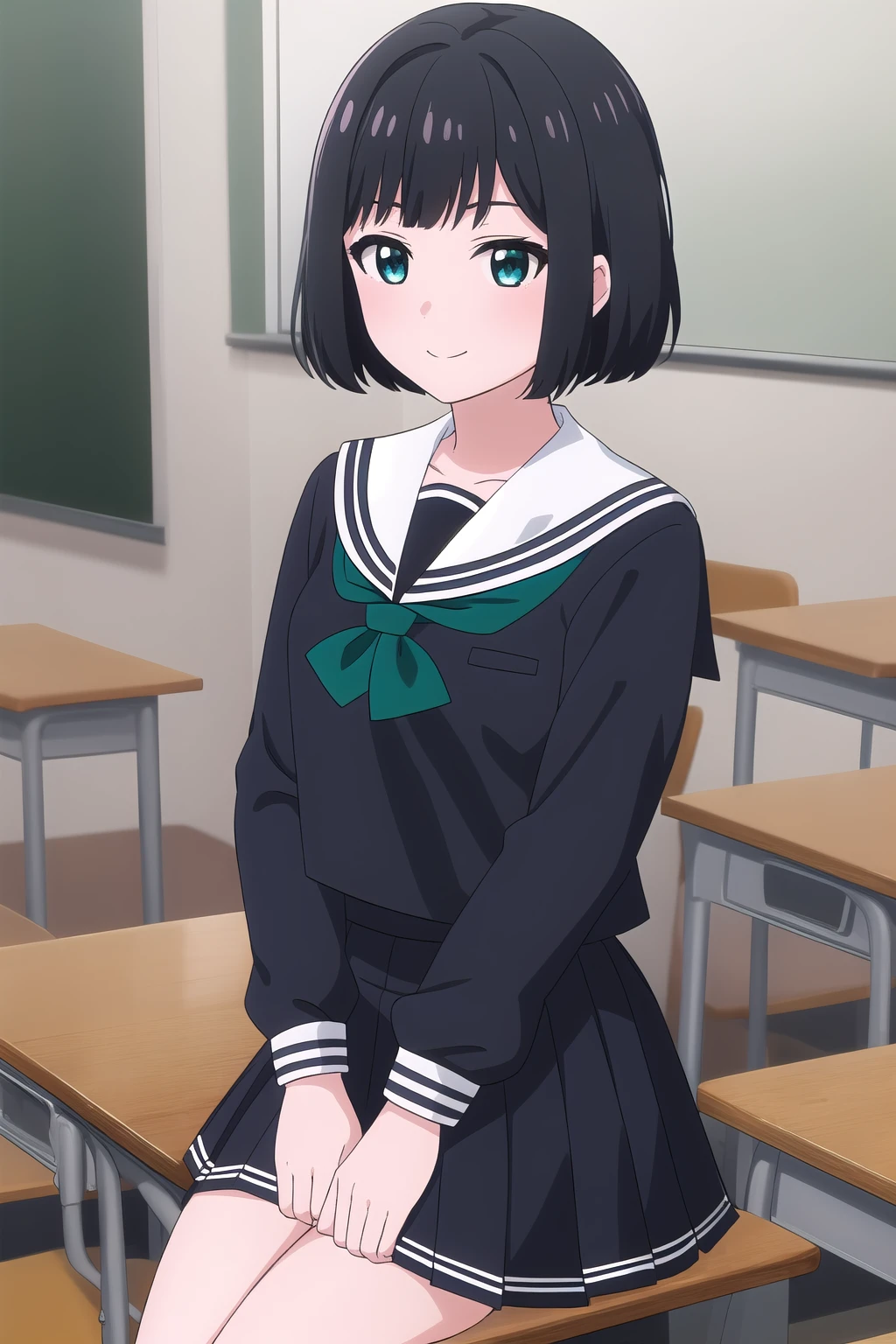 (masterpiece, best quality), highly detailed background, perfect lightingbest quality, takaginaomi, solo, indoors, classroom, black hair, blunt bangs, bob cut, short hair, aqua eyes, small breasts, black serafuku, black shirt, white sailor collar, green neckerchief, long sleeves, black skirt, pleated skirt, kitauji high school uniform, smile, closed mouth, :), <lora:Takagi-Naomi-05:0.7>