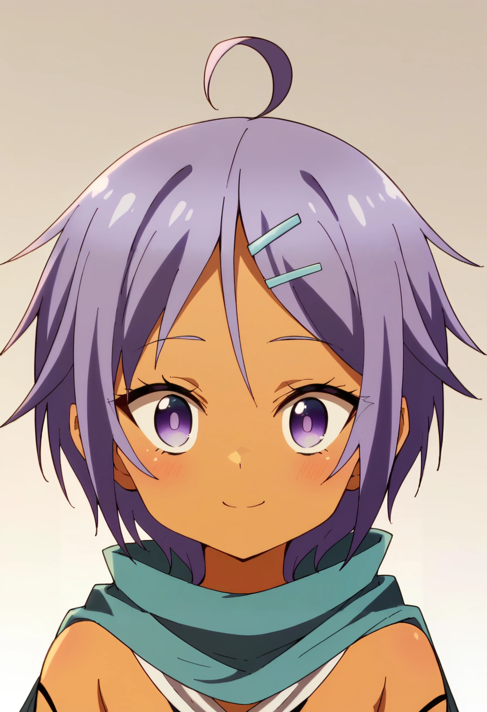 <lora:Ren:0.9> ren, short hair, 1girl, purple hair, solo, dark skin, hair ornament, hairclip, purple eyes, ahoge,    (portrait:1.2), looking at viewer, smile, scarf, underwear, elbow gloves, score_9, score_7_up,anime coloring ,source_anime, anime