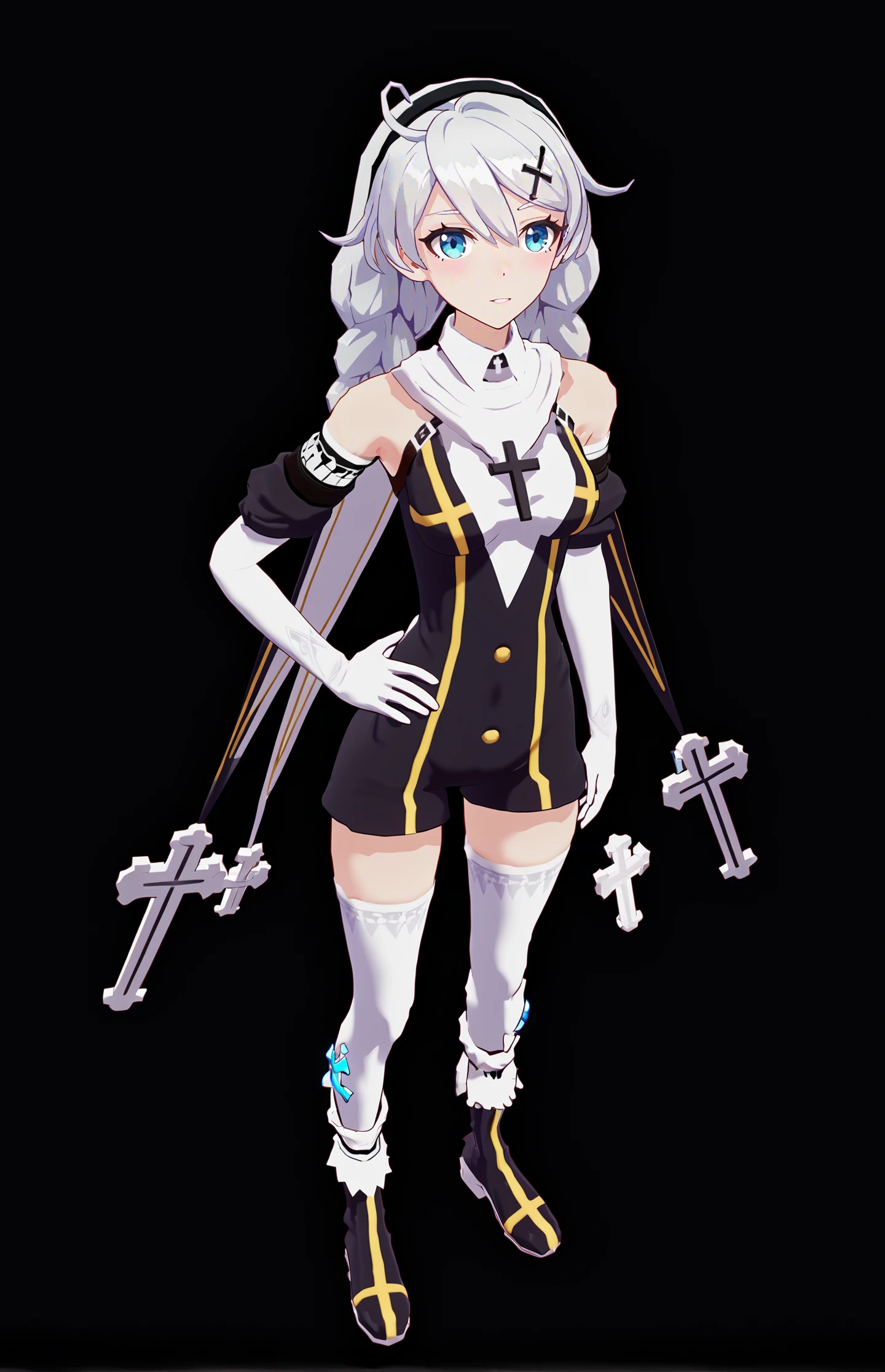 score_9, score_8_up, score_7_up, score_6_up, 8k, best quality, masterpiece, (ultra-detailed:1.1), (high detailed skin),
(full body), (black background:1.1), standing, looking at viewer, (solo), hand on hip,
<lora:kiana-young-pony-Tanger-000010:0.8>, kiana kaslana, shennv, 8th clothes, 1girl, nun, braid, twin braids, bare shoulders, bangs, boots, white thighhighs, gloves, hair ornament, long hair,
(beautiful_face), ((intricate_detail)), clear face,
((finely_detailed)), fine_fabric_emphasis,
((glossy)), full_shot,