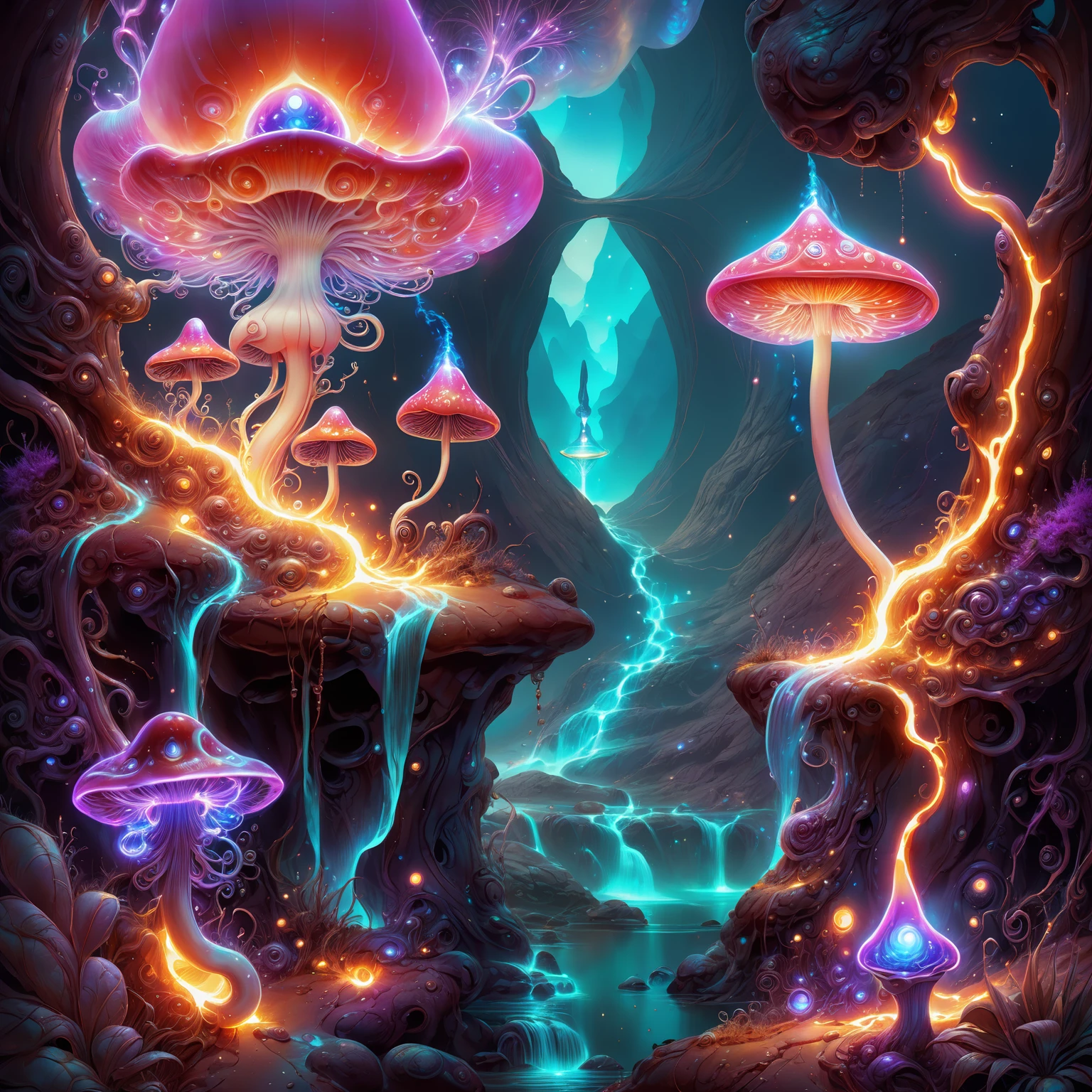 <lora:aiai-DiscoFire-XL1-v1-captions:0.75> aiai-DiscoFire style fantasy landscape with psychedelic mushrooms and pink mist and bong smoke, purple haze, eyeball plants, in the style of rodney matthews, 70s fantasy poster, bioluminescent fungal flora betwen winding canyon, exaggerated colorful art, highly detailed, 8K vibrant colors, high contrast, vivid lighting, hyperrealism, masterpiece, best quality