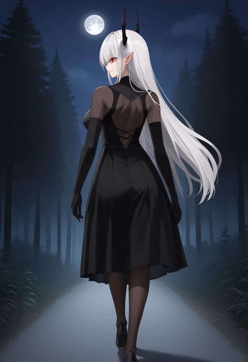 1girl, absurdres, solo, Sarkaz_Dancer, white hair, long hair, horns, pointy ears, red eyes, hair over eyes, eyes visible through hair, asymmetrical skirt, black dress, black gloves, elbow gloves, bodystocking, see-through cleavage, forest, night sky, moon, light smile, walking away, turning head, looking back