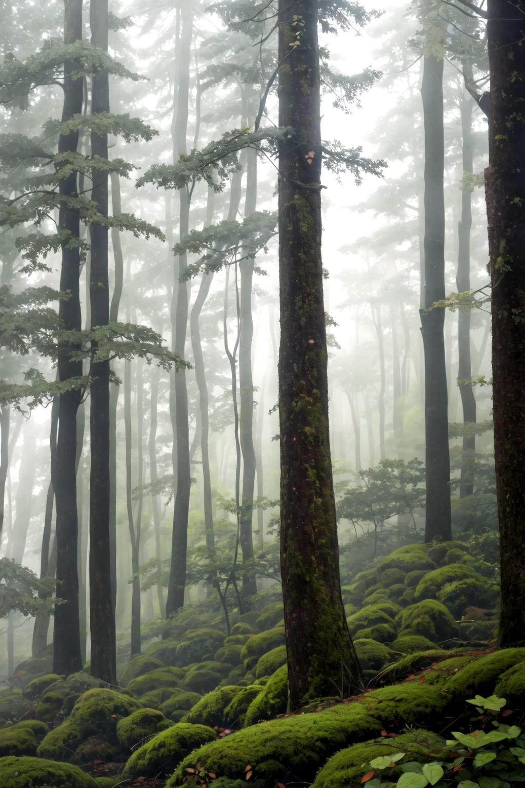 <lora:forest:0.6>, forest, fog, green theme, no humans, moss