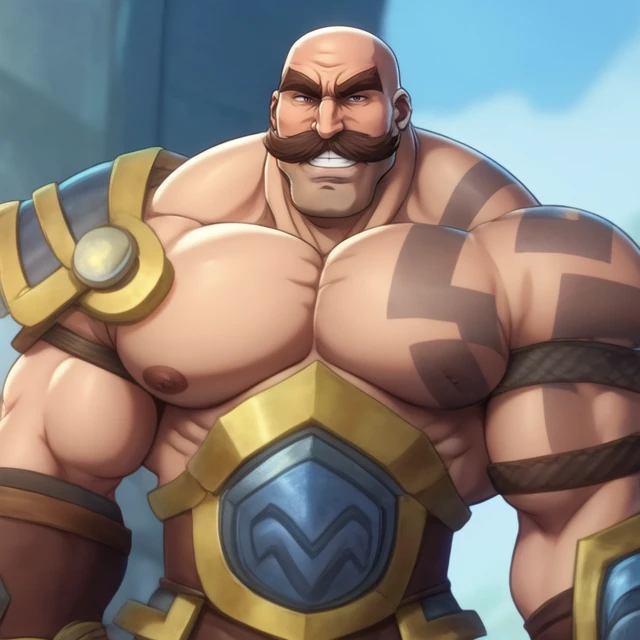 <lora:A8Braum-10:1> braum, male focus, mustache, bald, muscular male, armor, fingerless gloves, pants, solo, large pectorals, 1boy, happy, clenched teeth, grin, human, tattoo, one shoulderpad, five o'clock shadow, manly chin, (best quality:1.3), (anime:1.2),(anime screencap:1.2)