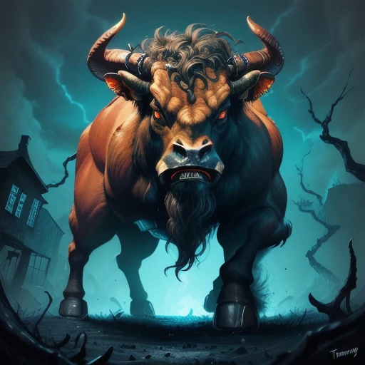 terryoakes style, minotaur, horror theme, color illustration,  <lora:Terry_Oakes_style:1>